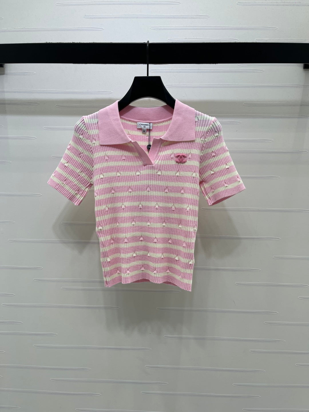 Chanel 2026 Striped Collared Knit Short-Sleeve T-Shirt Cotton 677728