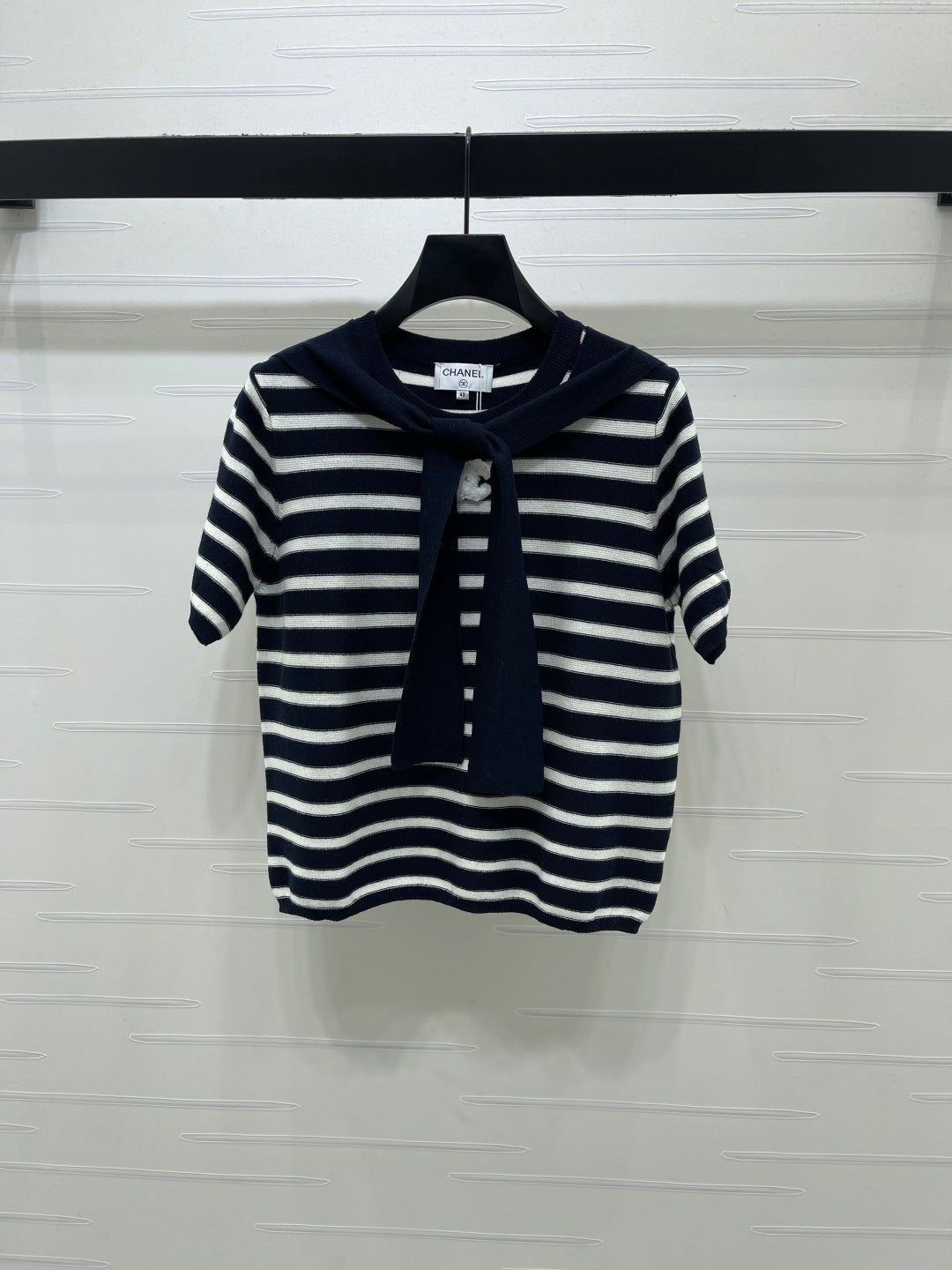 Chanel 2026 Shawl-Style Striped Knit Short-Sleeve Top Viscose 677747