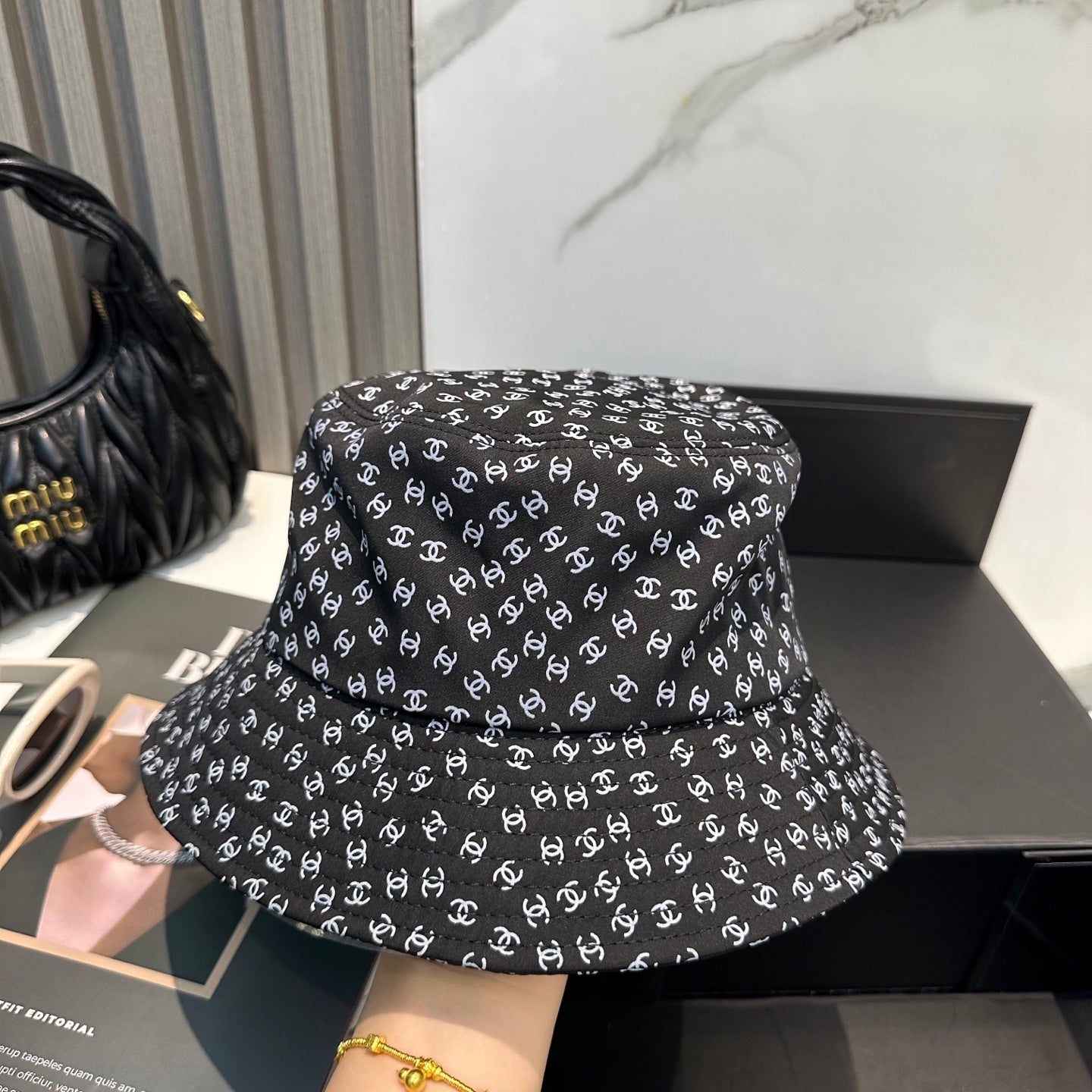 Chanel Bucket Hat With CC Logo Pattern Cotton 237374
