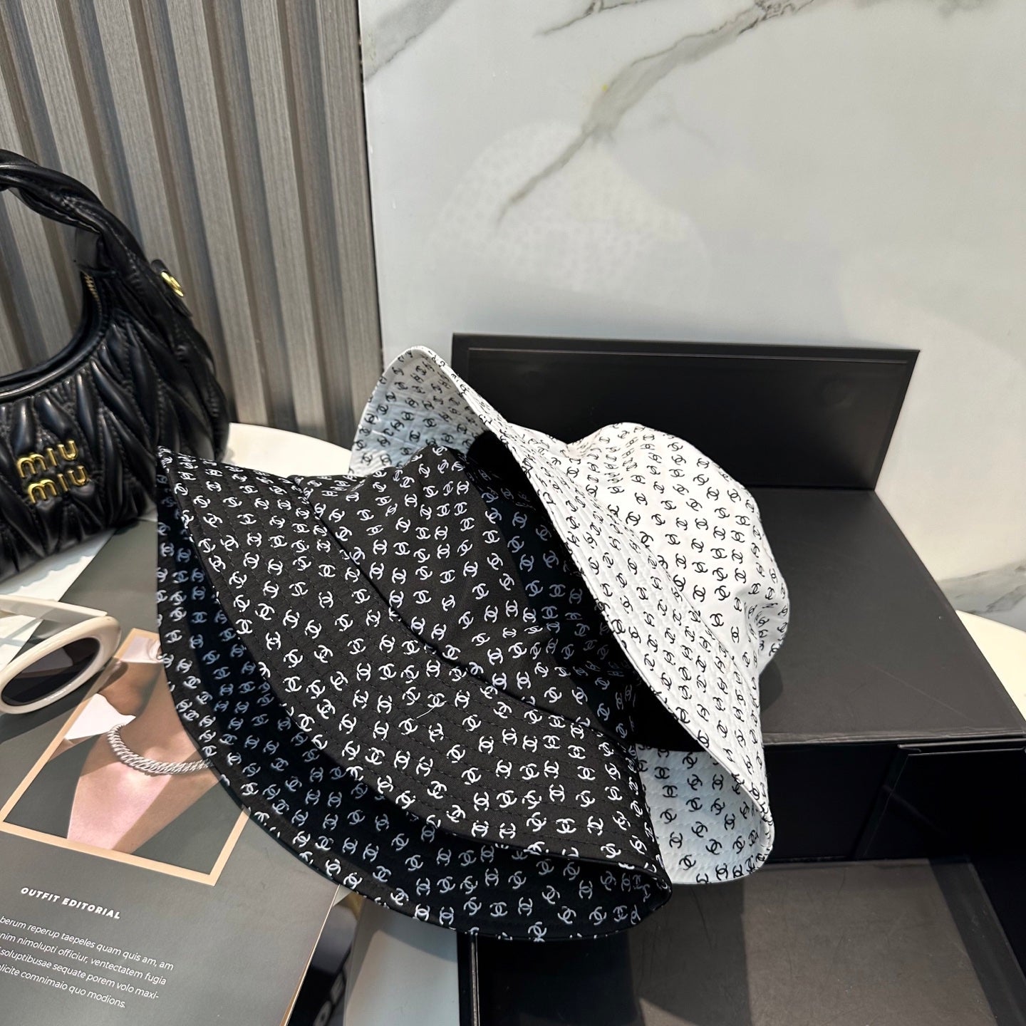 Chanel Bucket Hat With CC Logo Pattern Cotton 237374