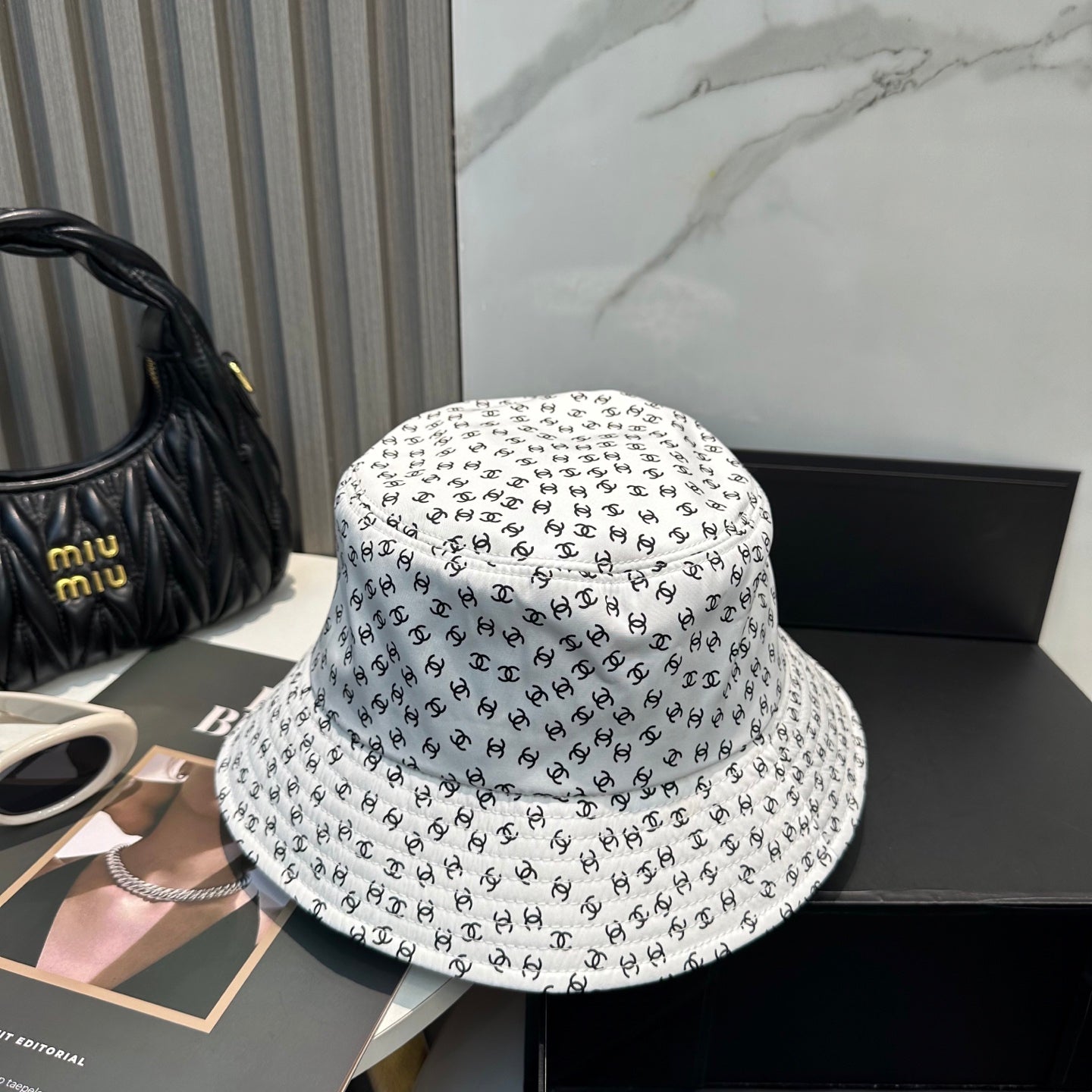 Chanel Bucket Hat With CC Logo Pattern Cotton 237374