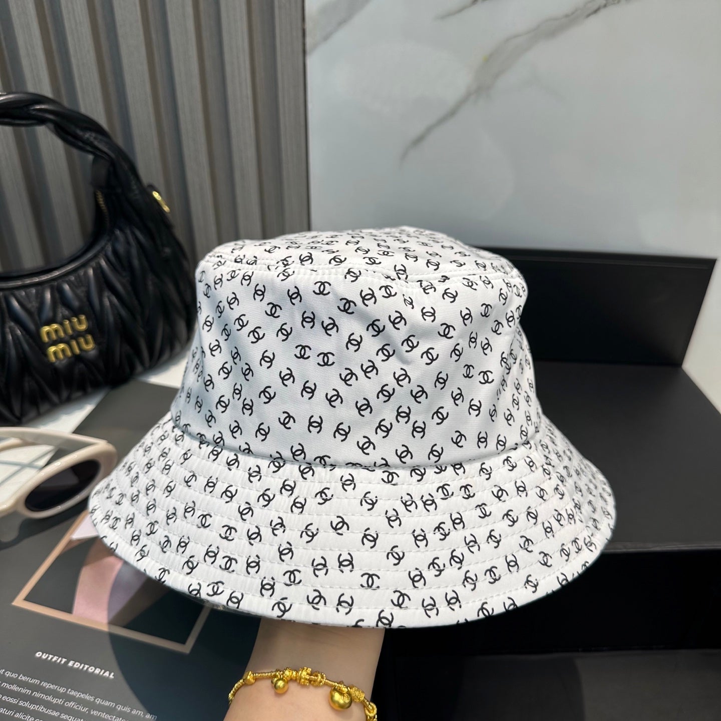 Chanel Bucket Hat With CC Logo Pattern Cotton 237374