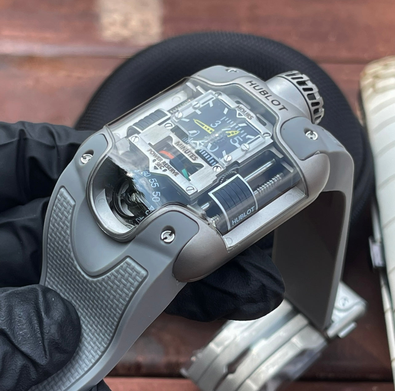 Hublot MP-10 Tourbillon Weight Energy System Titanium Watch Grey Strap