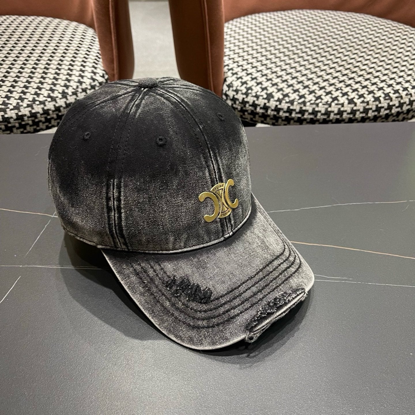 Celine Denim Baseball Hat Gold Logo 213523