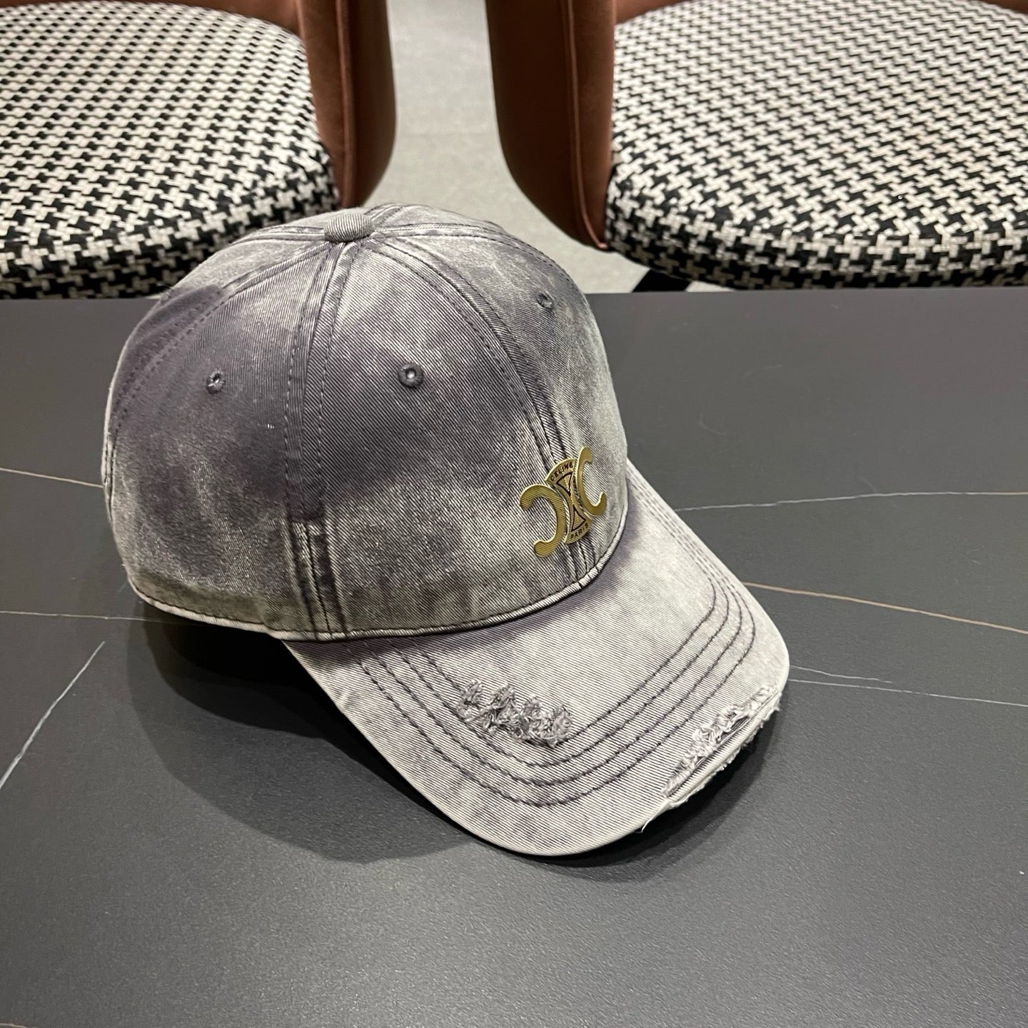 Celine Denim Baseball Hat Gold Logo 213523