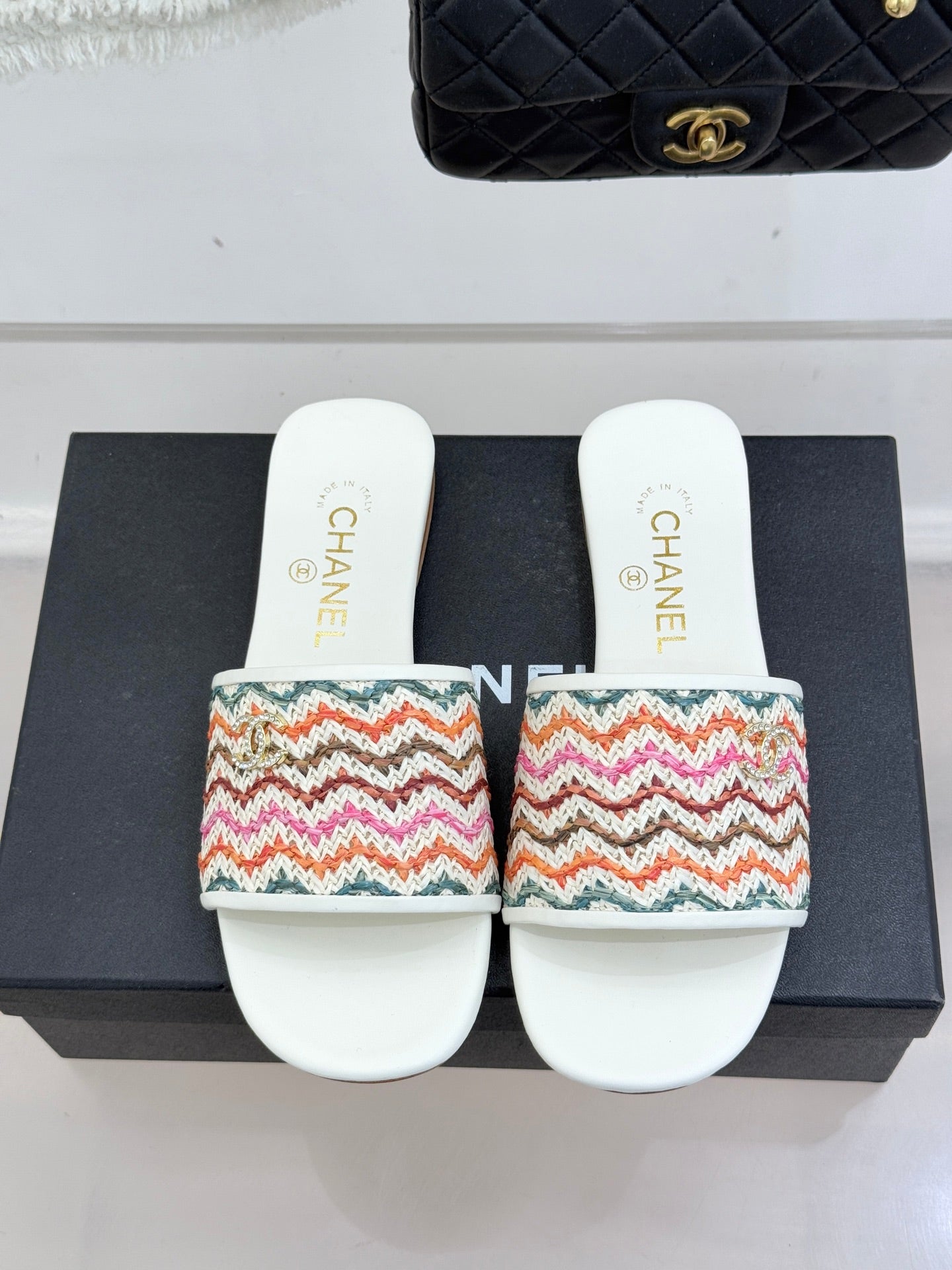 CC 2026 Knitted Double C Flat Slippers Multicolor Woven Sheepskin