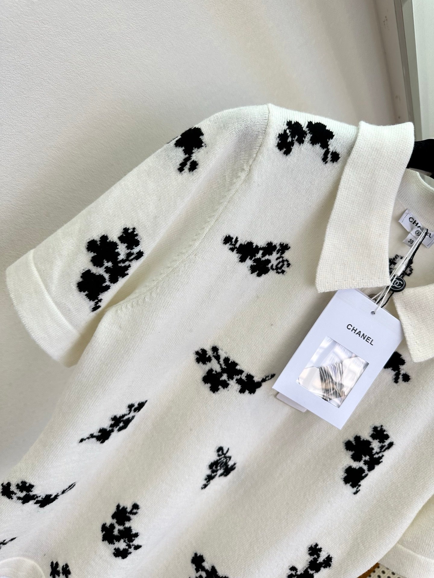 Chanel 2026 Floral Print Polo Shirt Black and White Cotton