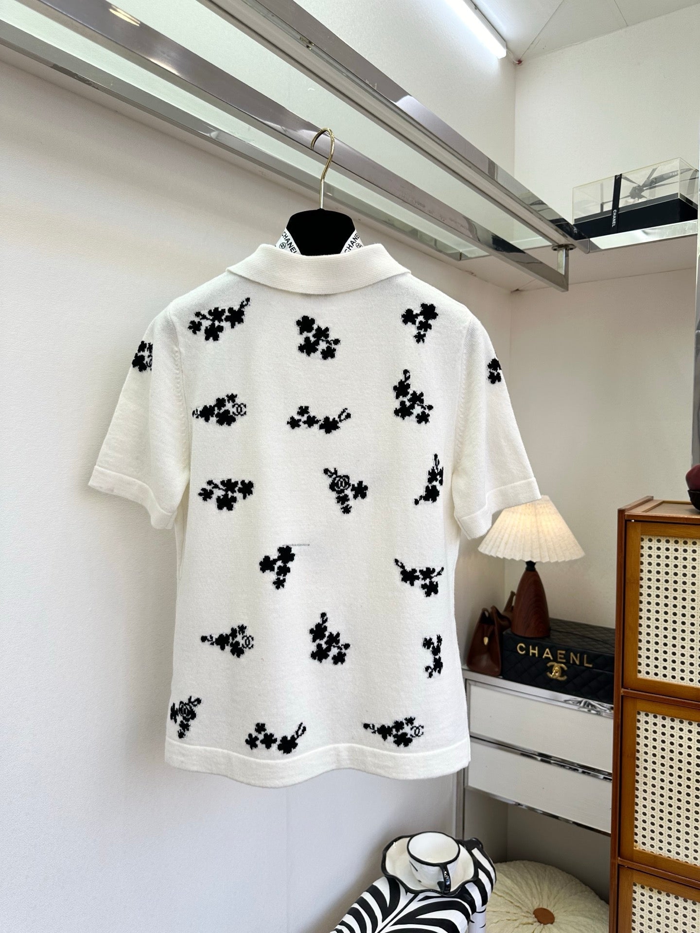 Chanel 2026 Floral Print Polo Shirt Black and White Cotton