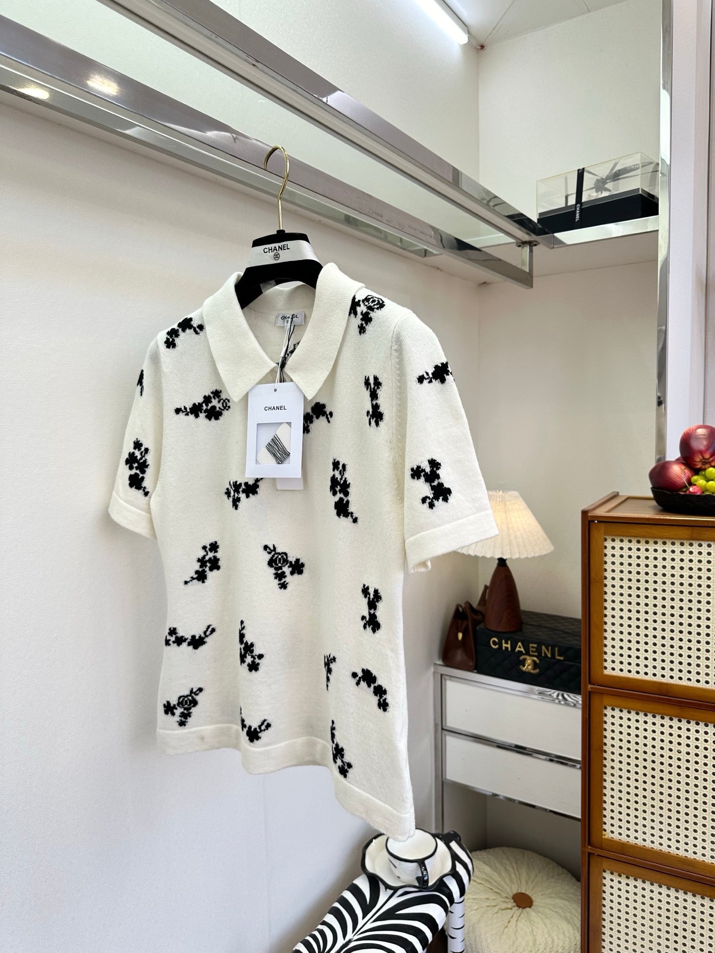 Chanel 2026 Floral Print Polo Shirt Black and White Cotton
