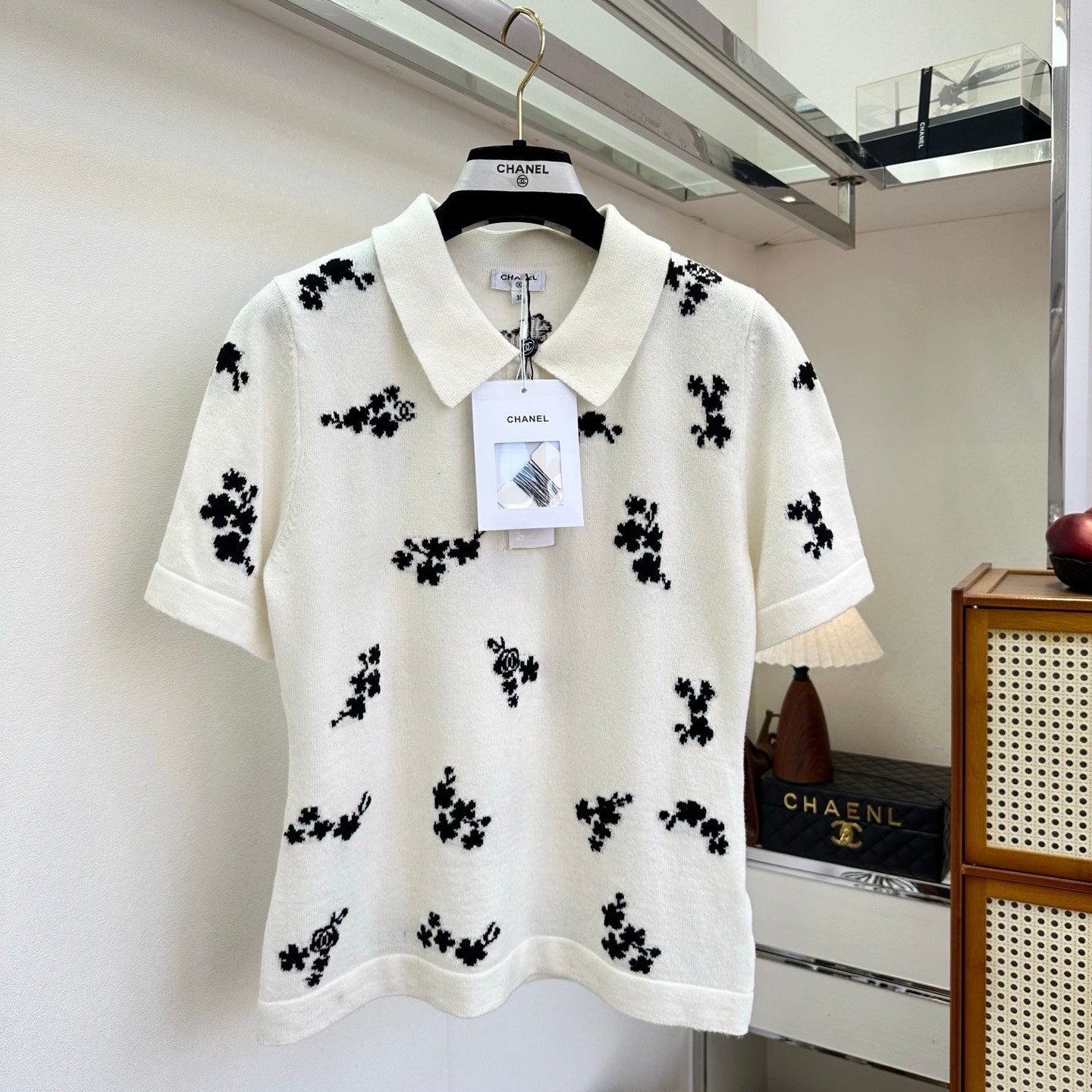 Chanel 2026 Floral Print Polo Shirt Black and White Cotton