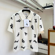 Chanel 2026 Floral Print Polo Shirt Black and White Cotton