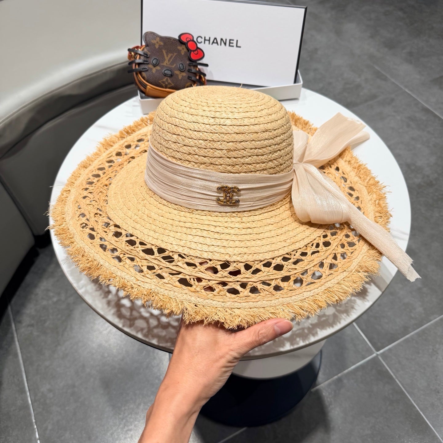 Chanel Raffia Sun Hat With Silk Ribbon 219110