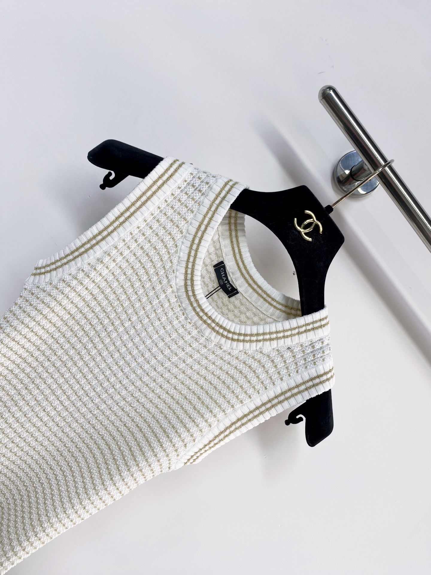 Chanel 2026 Knit Vest Cream and Navy Blue Tencel Nylon