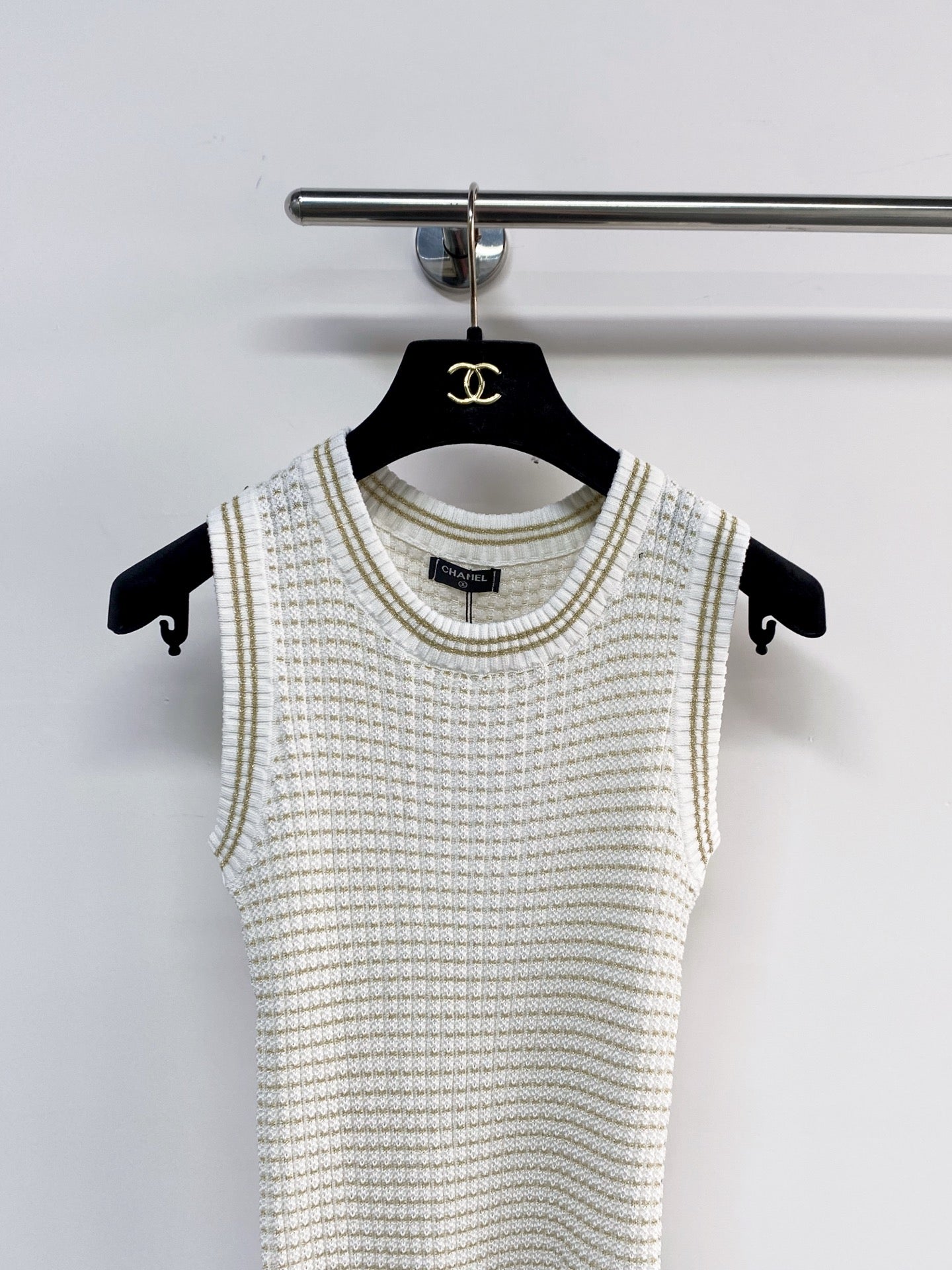 Chanel 2026 Knit Vest Cream and Navy Blue Tencel Nylon