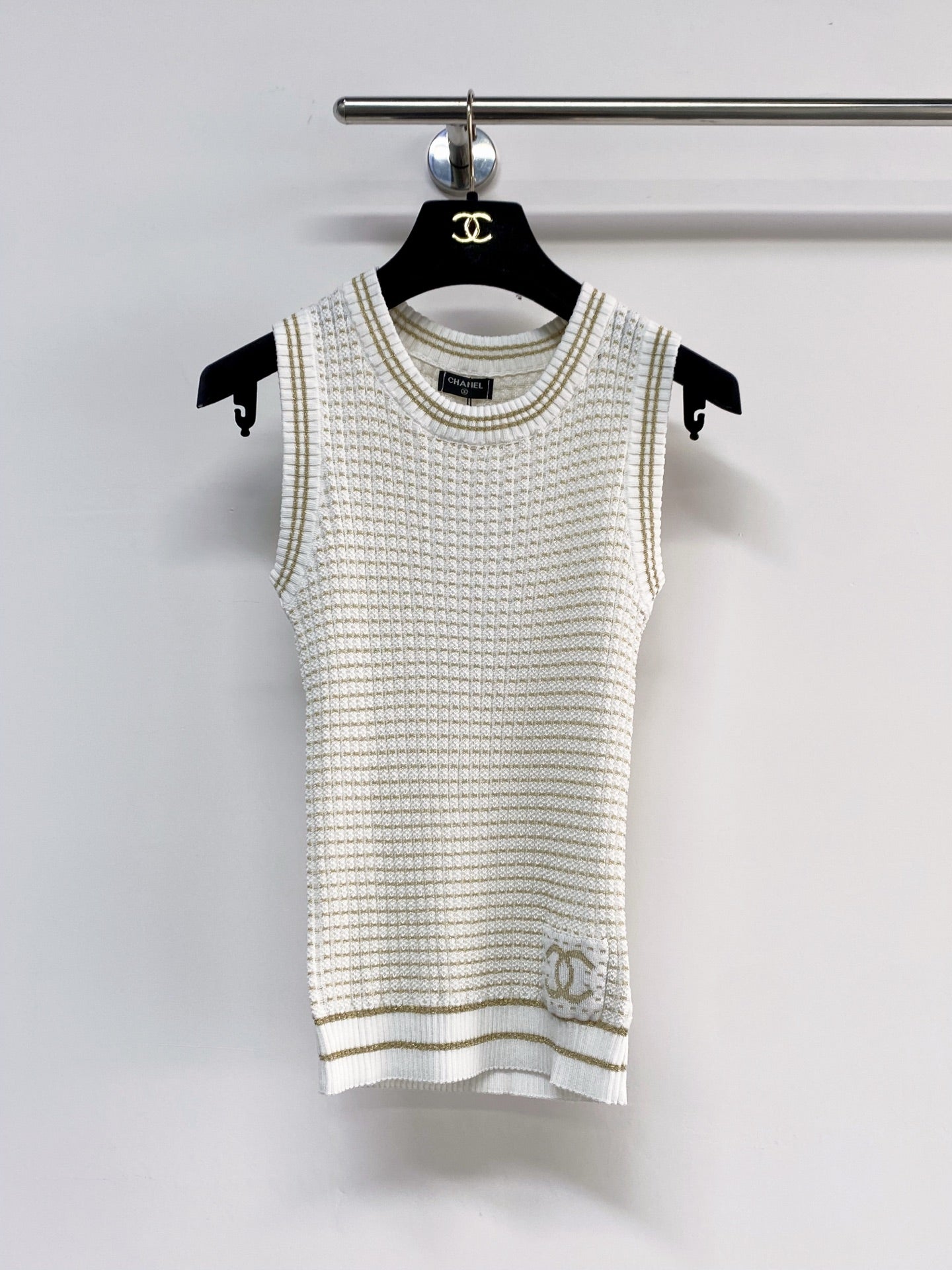 Chanel 2026 Knit Vest Cream and Navy Blue Tencel Nylon