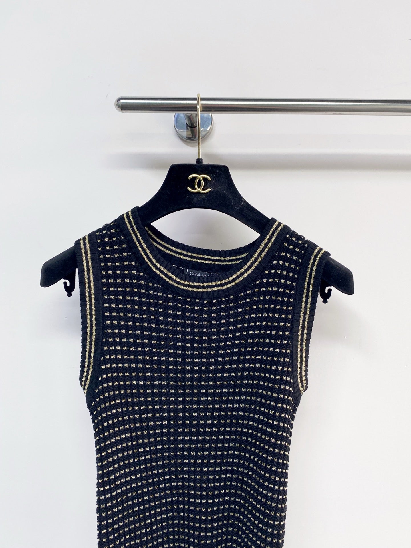 Chanel 2026 Knit Vest Cream and Navy Blue Tencel Nylon