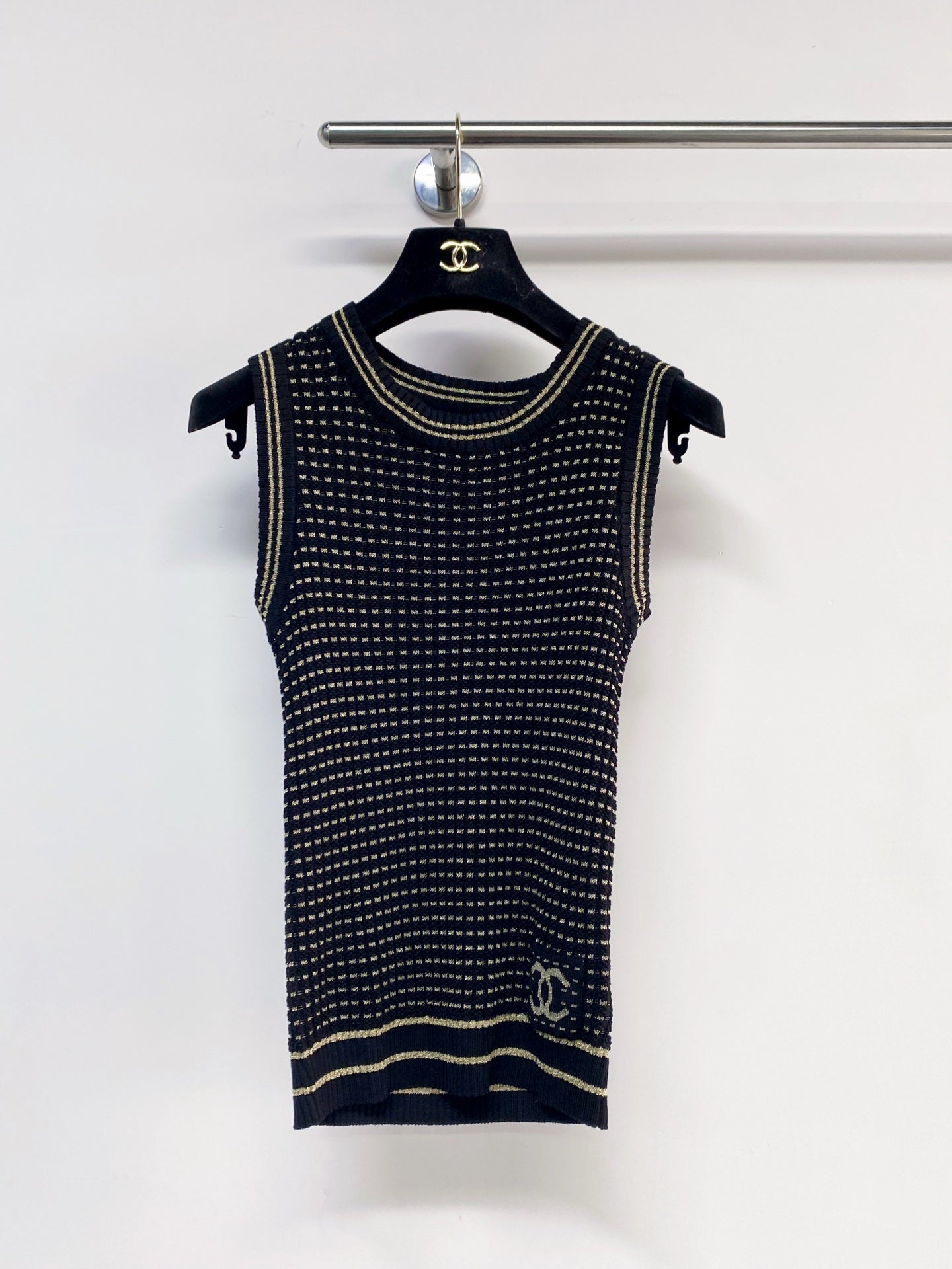 Chanel 2026 Knit Vest Cream and Navy Blue Tencel Nylon