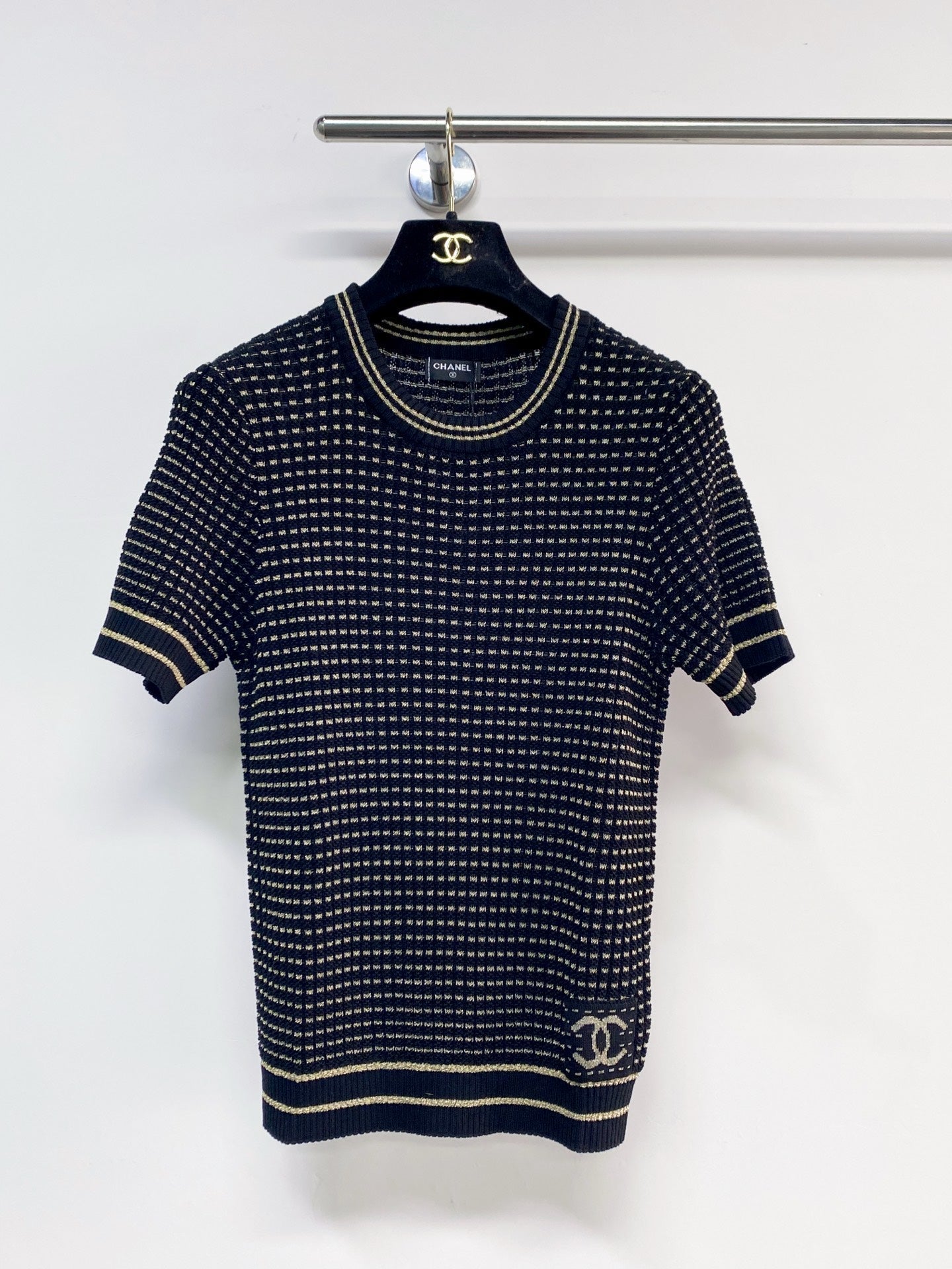 Chanel 2026  Short-Sleeve Shirt Cream and Navy Blue Tencel Nylon