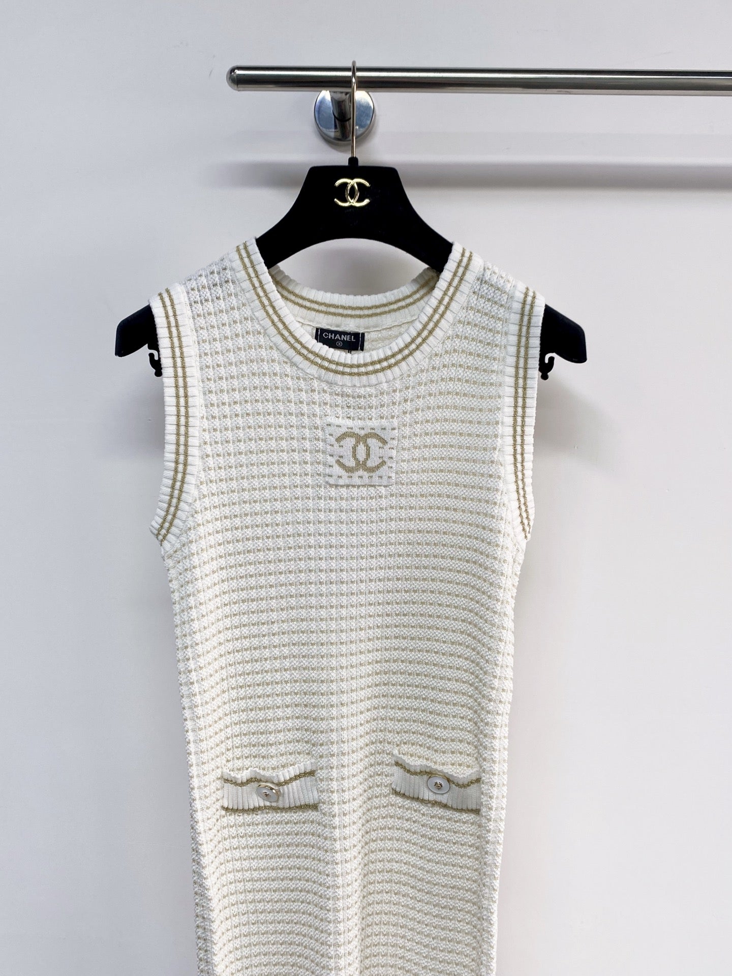 Chanel 2026 Knit Vest Dress Cream and Navy Blue Tencel Nylon