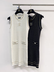 Chanel 2026 Knit Vest Dress Cream and Navy Blue Tencel Nylon