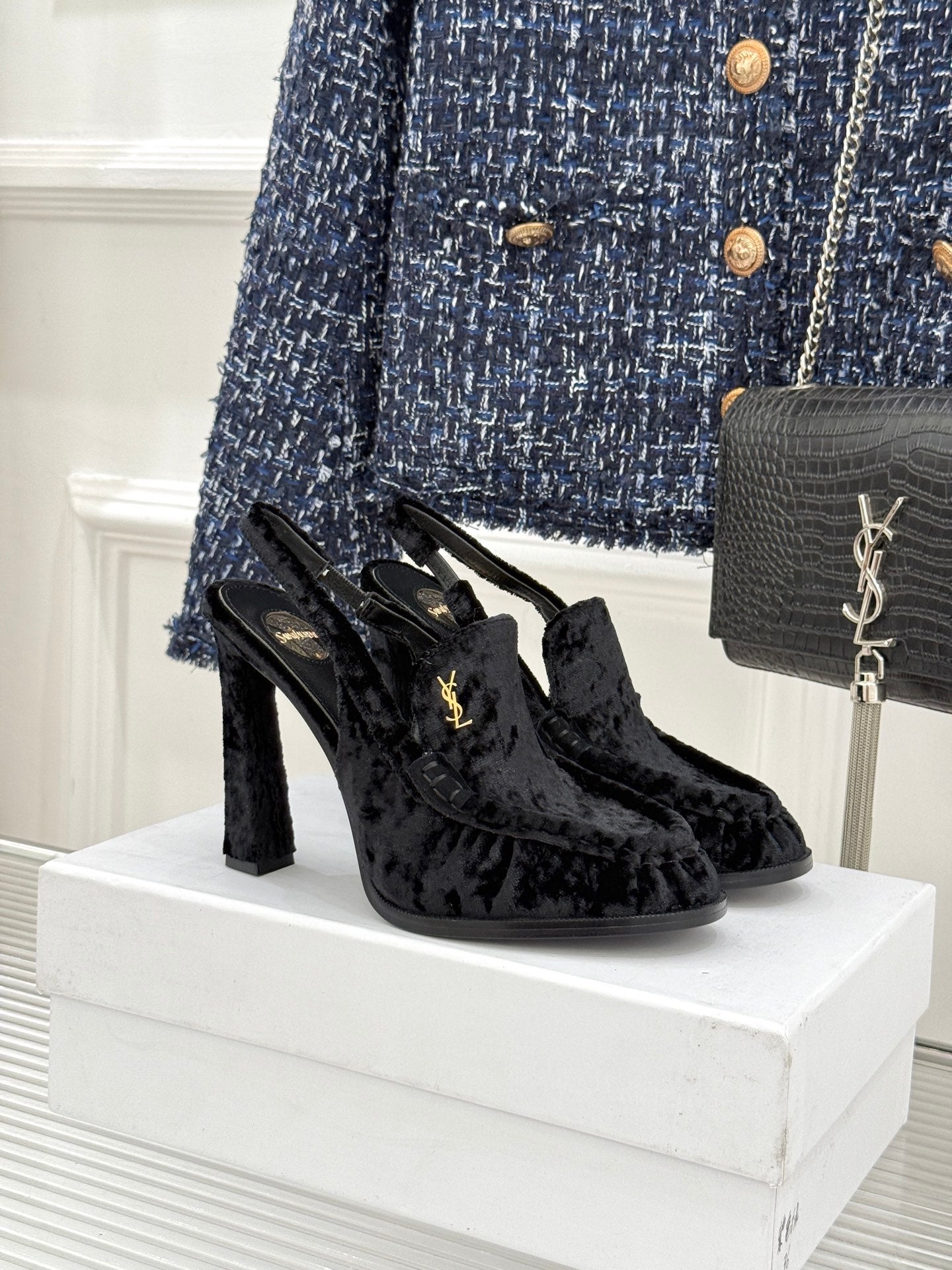 YSL 26ss High Heeled Open Back 105 Sandals Velvet