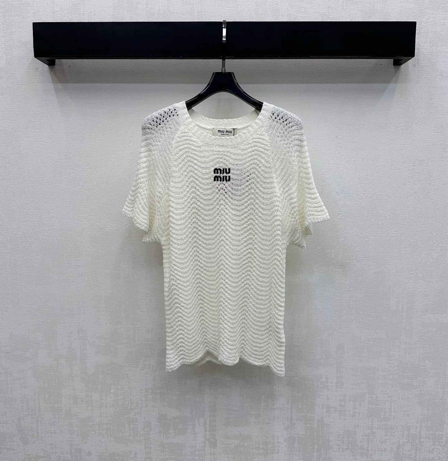 Miu Miu 2026 Wavy Pattern Short-Sleeve Knitwear Black and White Wool