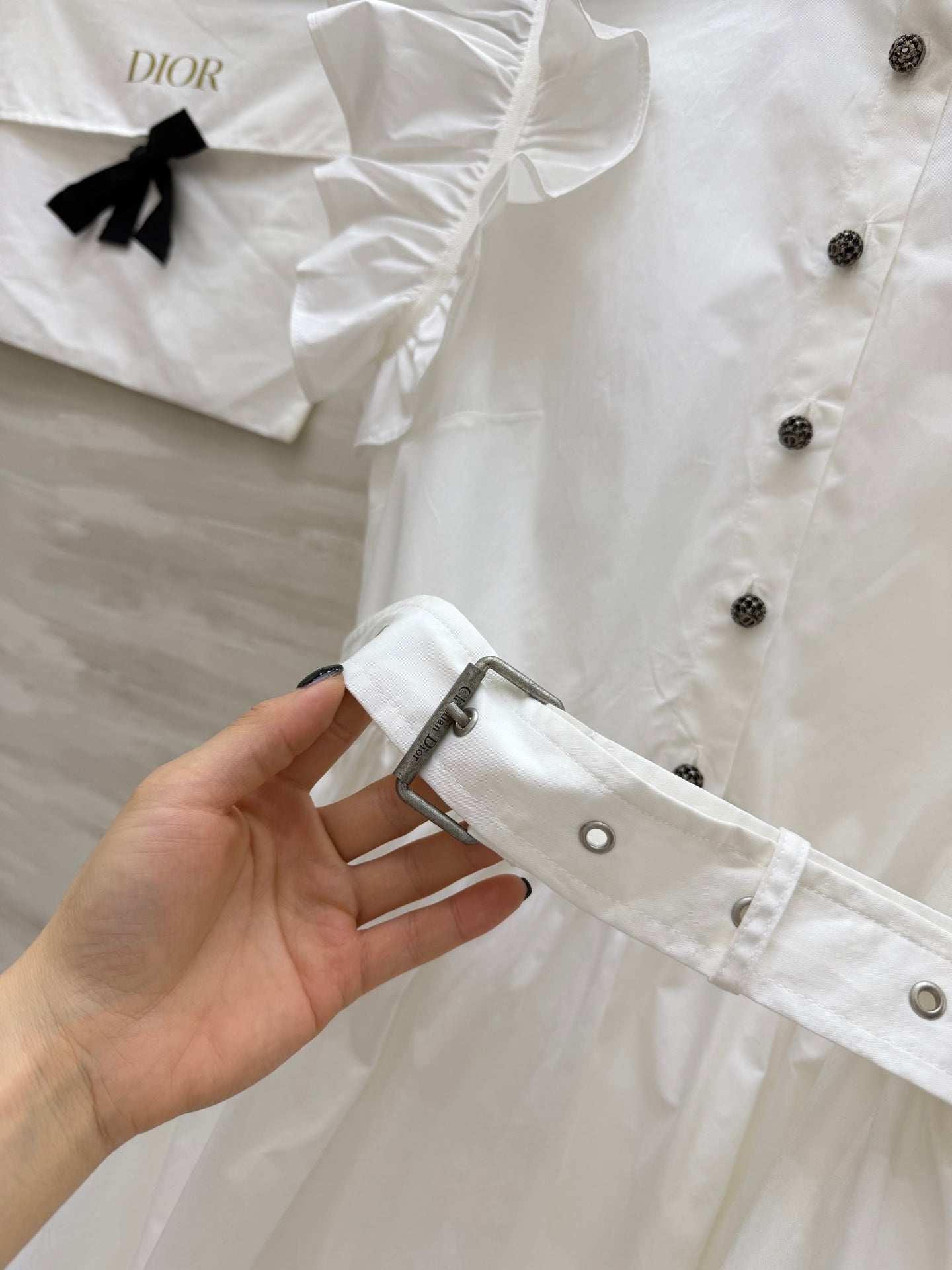 Dior 2026 Ruffled Shirt Dresses With Belt Black White Cotton 358341