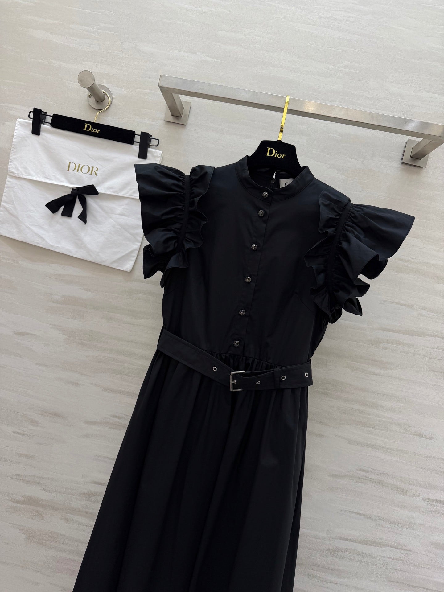 Dior 2026 Ruffled Shirt Dresses With Belt Black White Cotton 358341