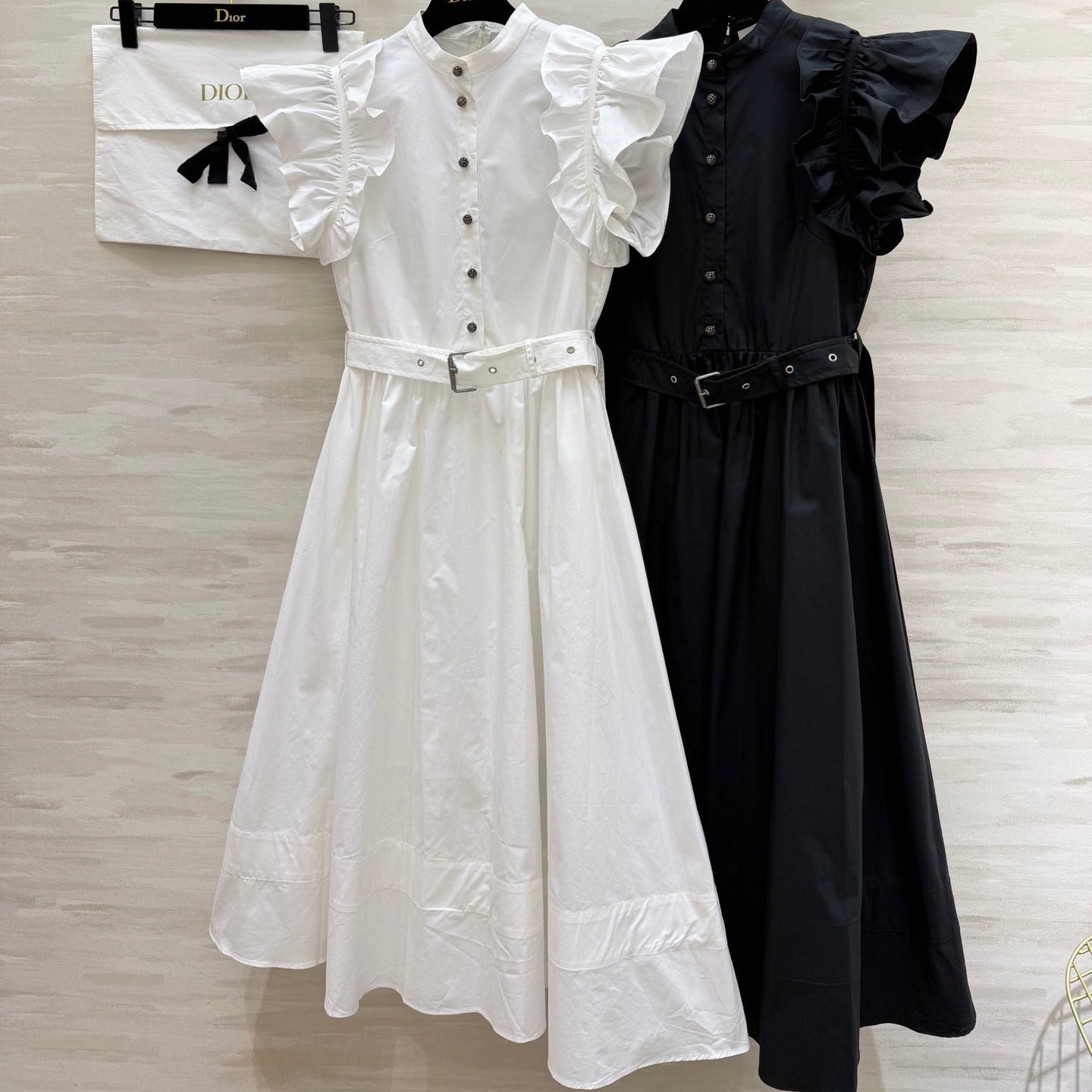 Dior 2026 Ruffled Shirt Dresses With Belt Black White Cotton 358341