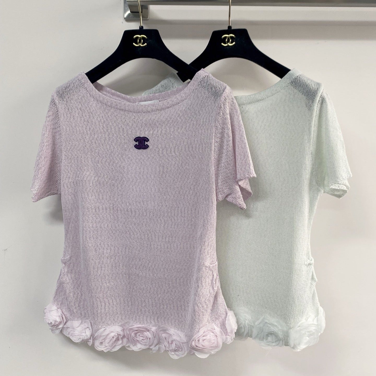 Chanel 2026 T-shirt with Flower Detail Purple Mint Green Wool Nylon 140475