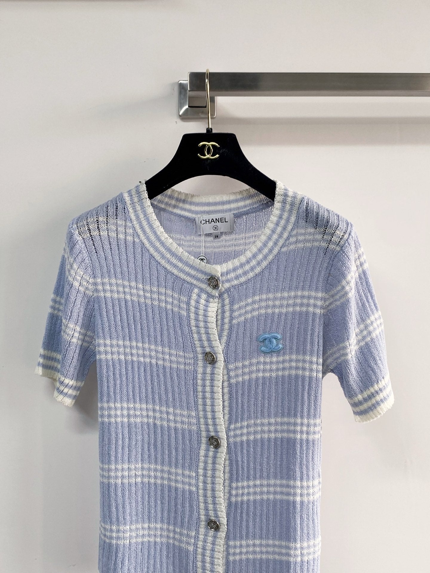 Chanel 2026 Short-sleeved Cardigan Blue White Wool Nylon 149490
