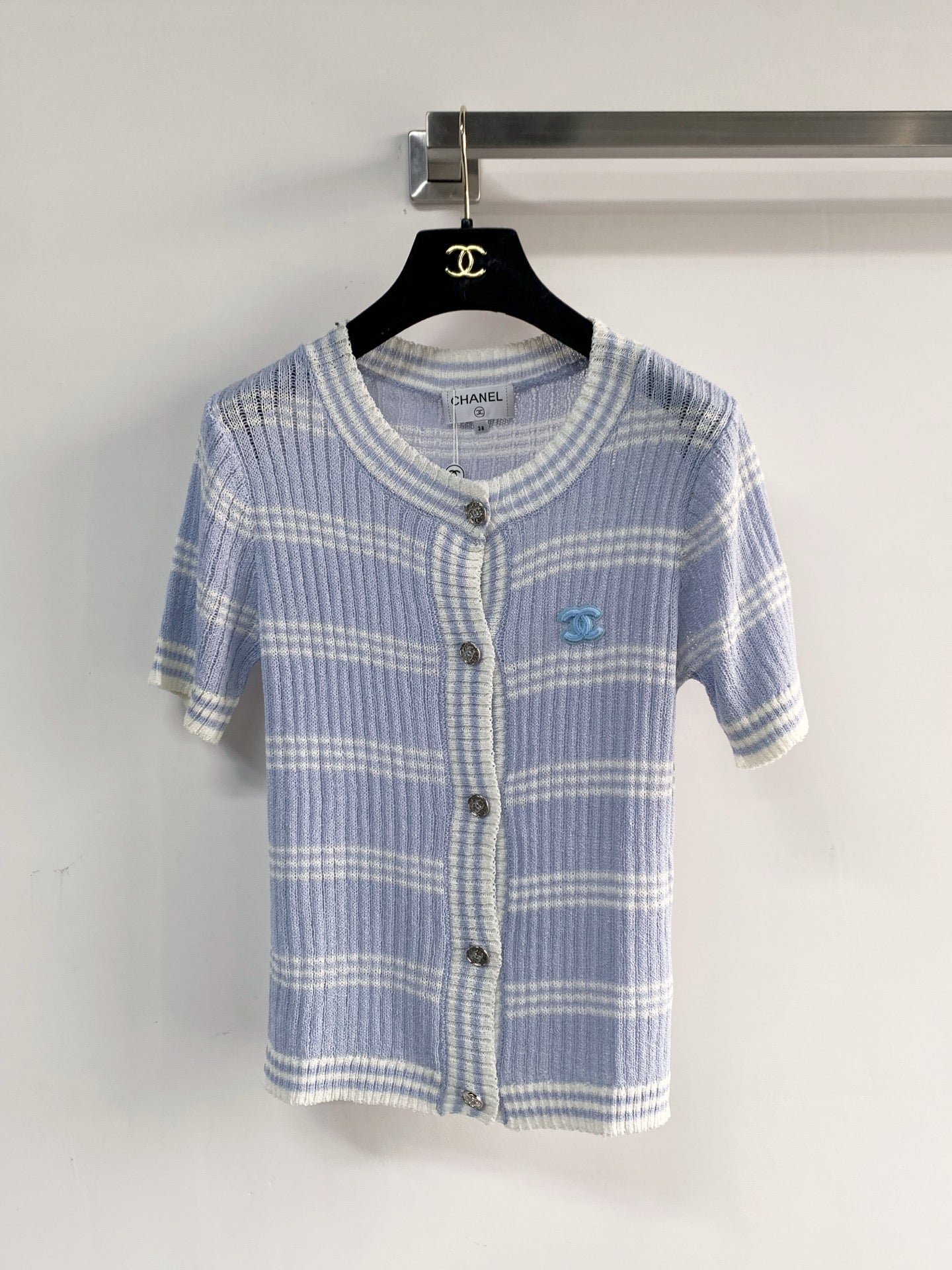 Chanel 2026 Short-sleeved Cardigan Blue White Wool Nylon 149490