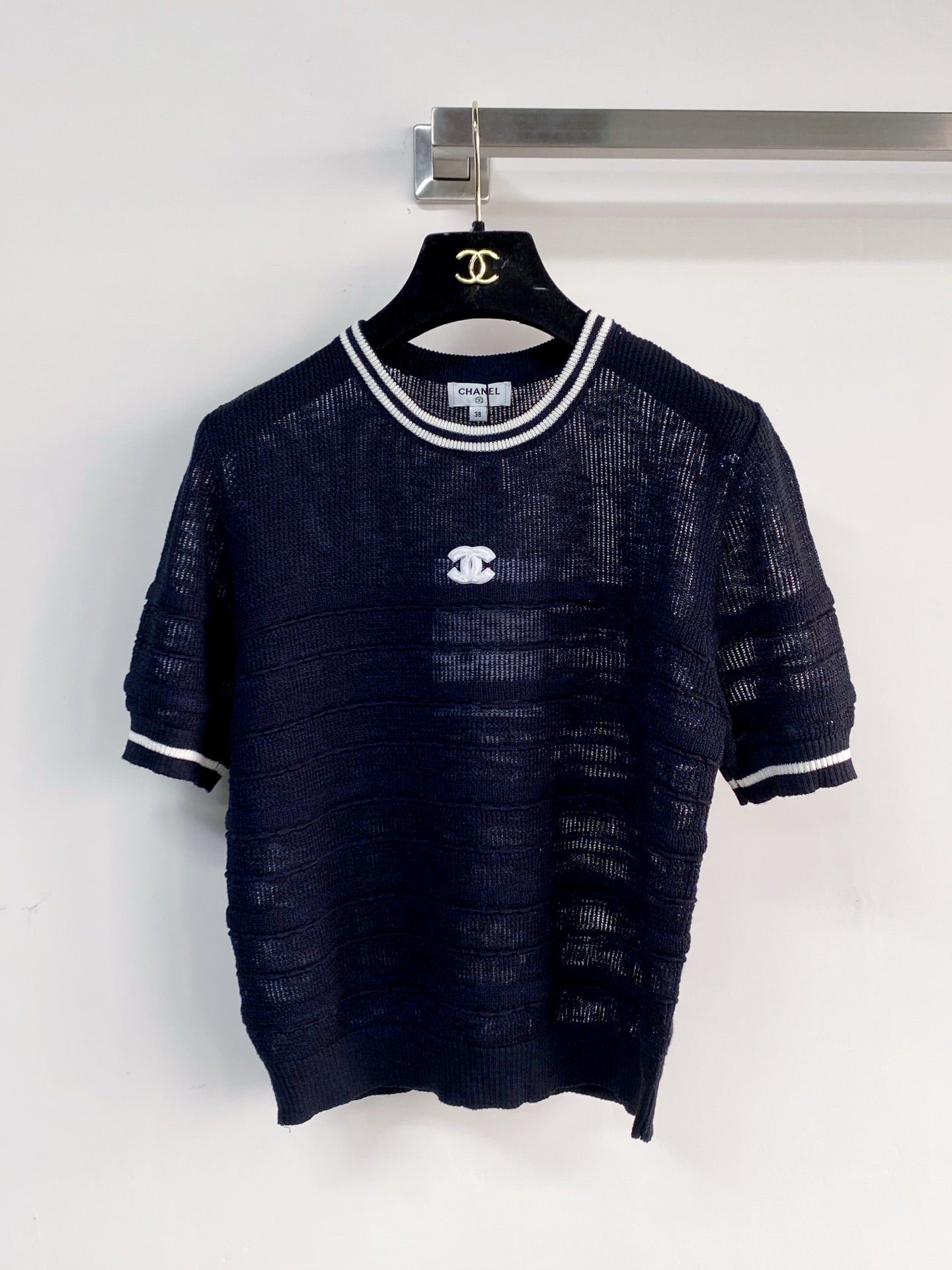 Chanel 2026 Short-sleeved Shirt Navy Blue White Tencel Cotton 166800