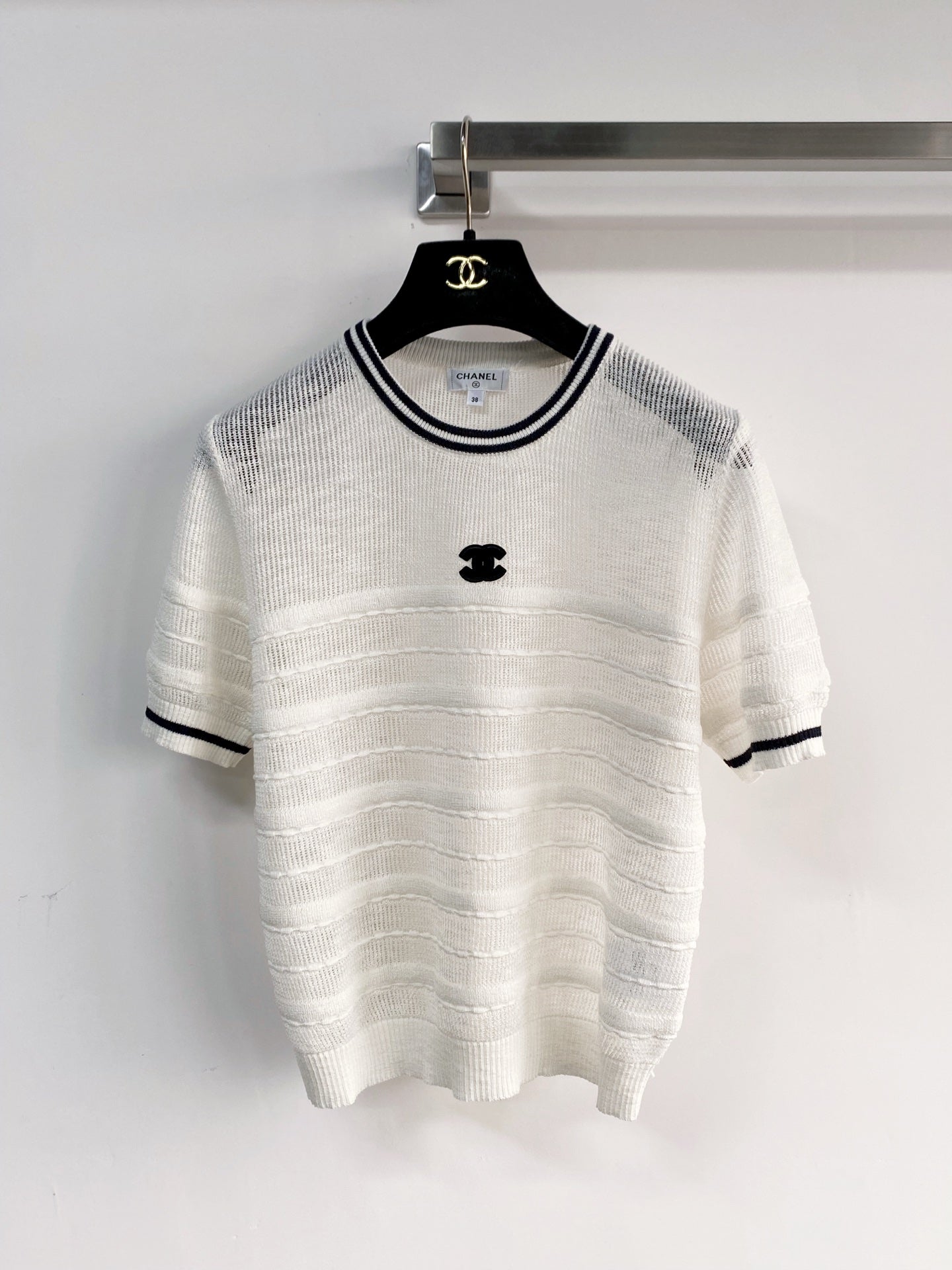 Chanel 2026 Short-sleeved Shirt Navy Blue White Tencel Cotton 166800