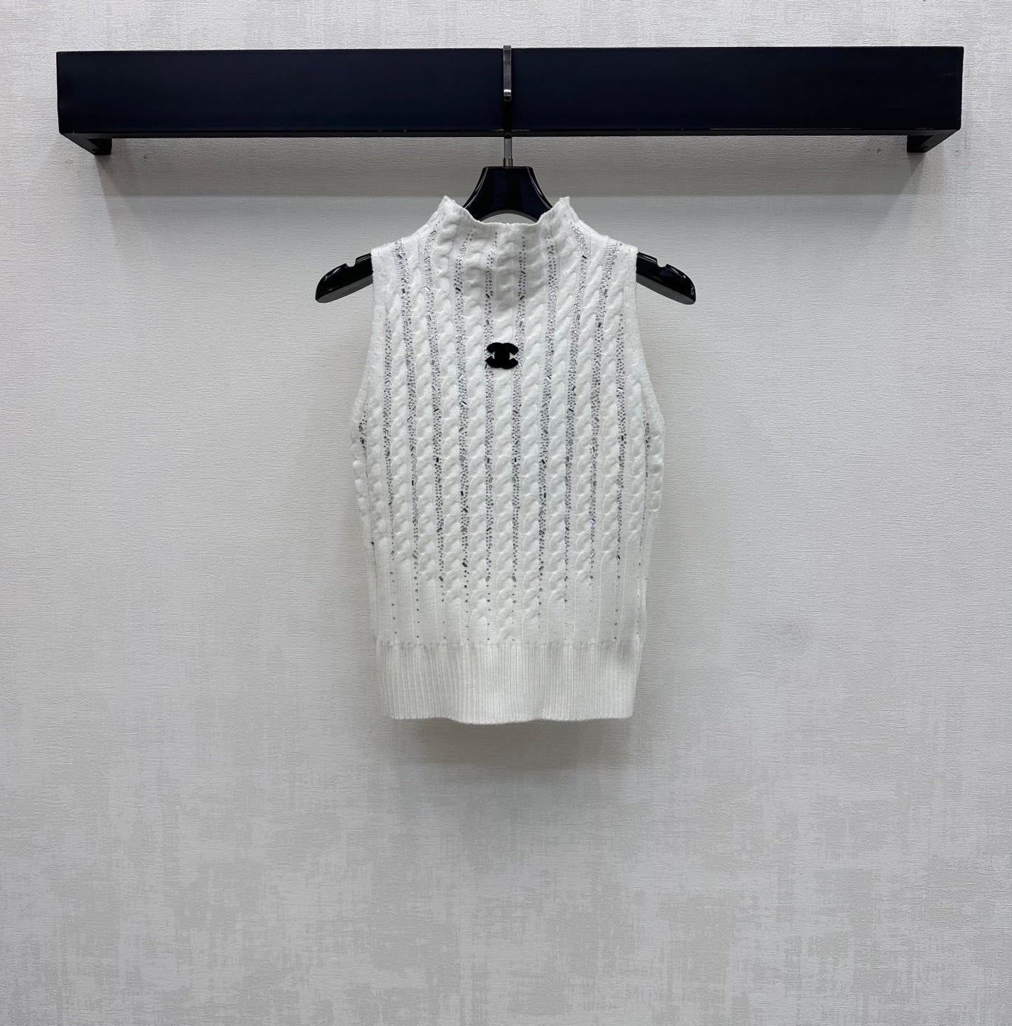 Chanel 2026 Rhinestone Stand Collar Knit Vest Wool Polyester 374938
