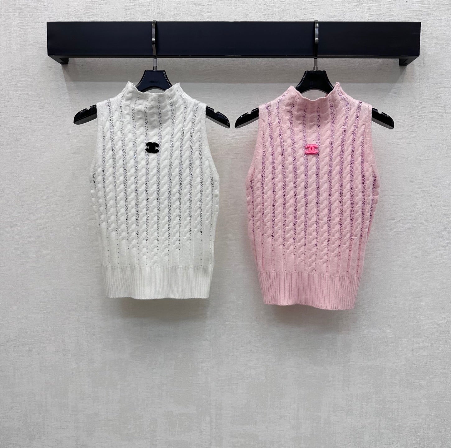 Chanel 2026 Rhinestone Stand Collar Knit Vest Wool Polyester 374938