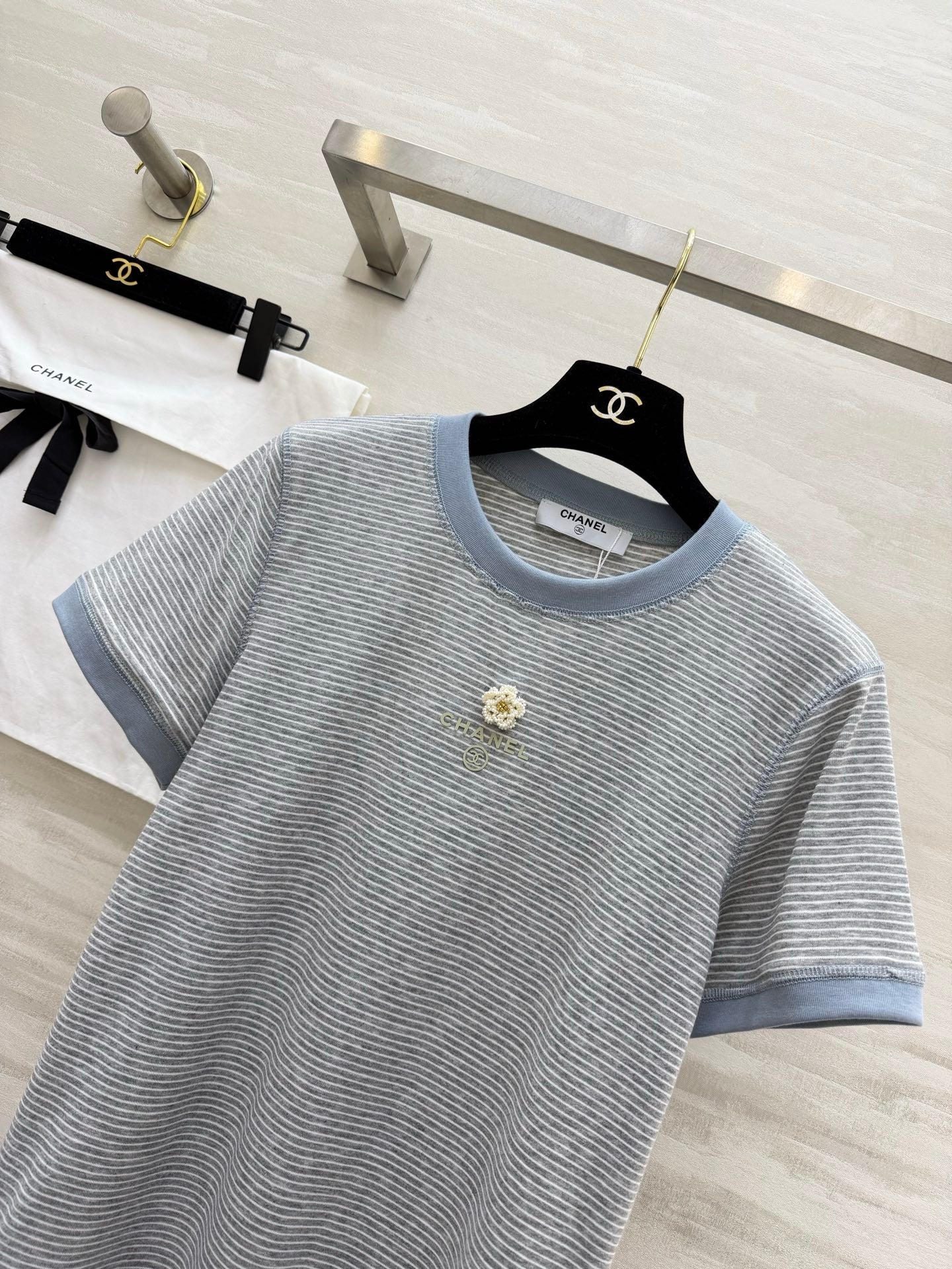 Chanel 2026 Camellia Striped T-Shirt Cotton 213368
