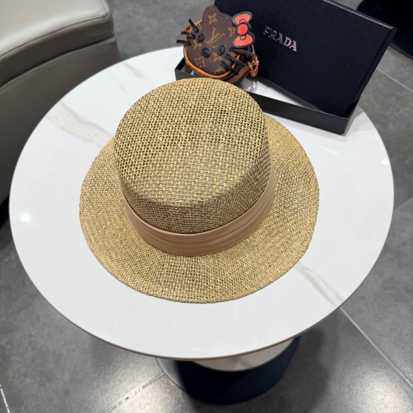 Prada Straw Woven Flat-top Hat 219138