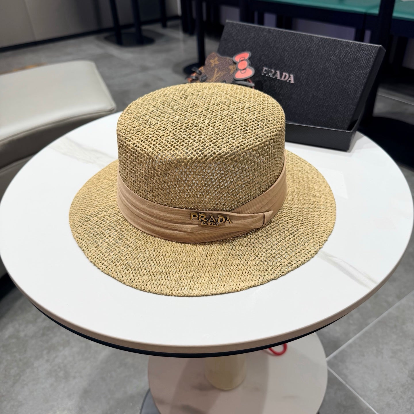 Prada Straw Woven Flat-top Hat 219138