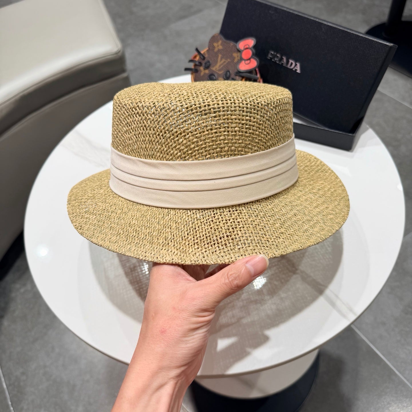 Prada Straw Woven Flat-top Hat 219138
