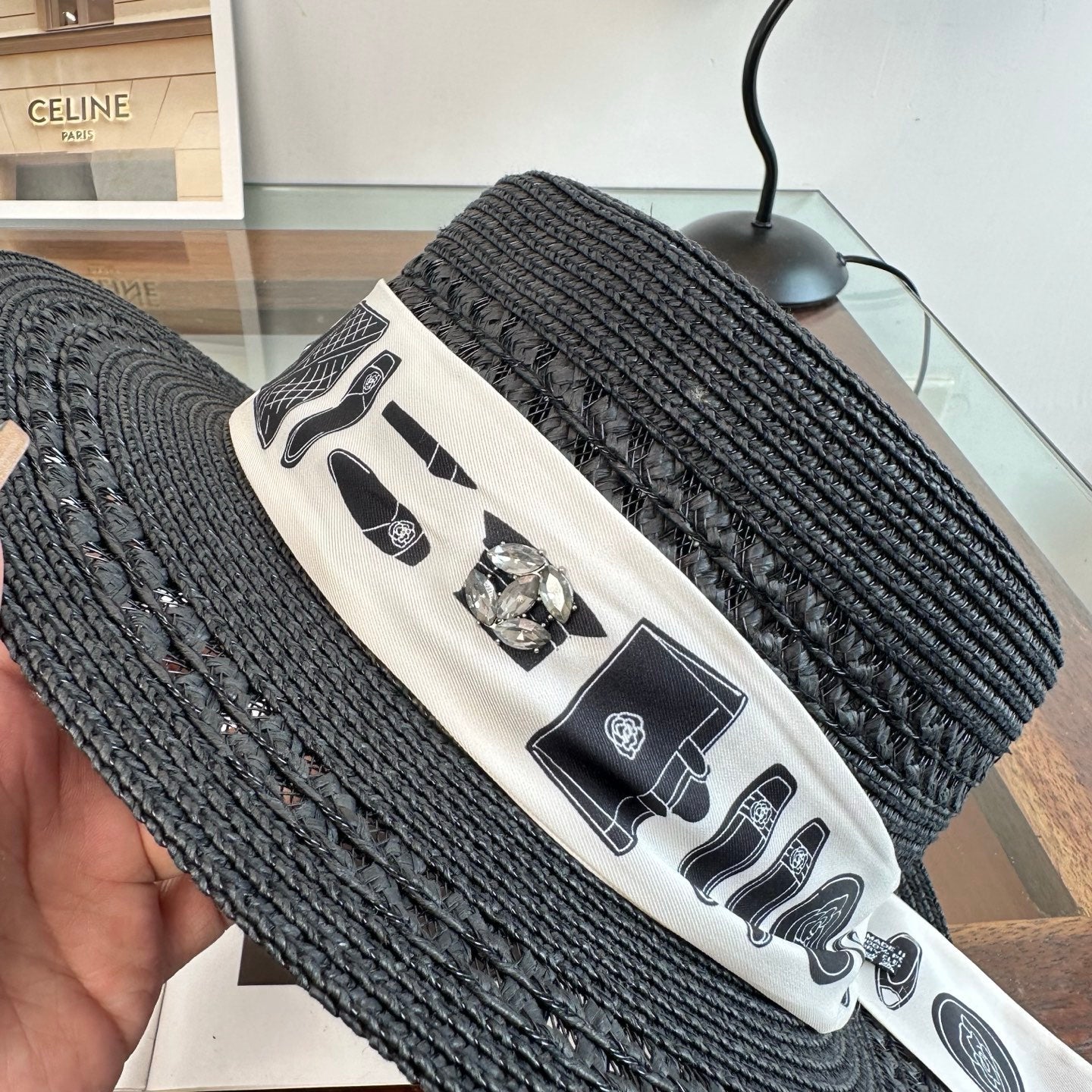 Chanel Flat-Top Straw Hat With Silk Ribbon 229106