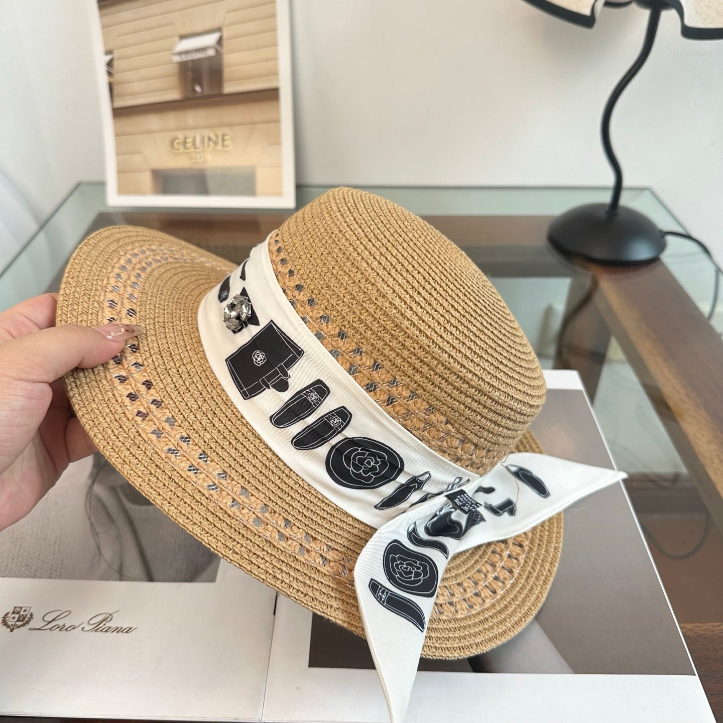 Chanel Flat-Top Straw Hat With Silk Ribbon 229106