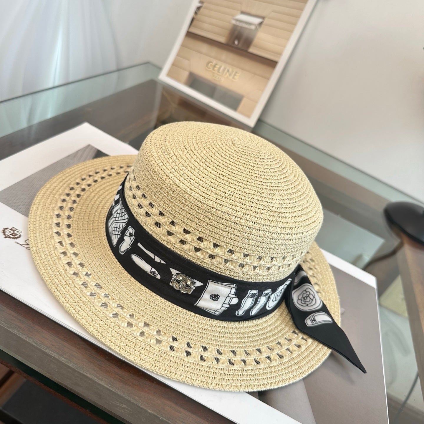 Chanel Flat-Top Straw Hat With Silk Ribbon 229106