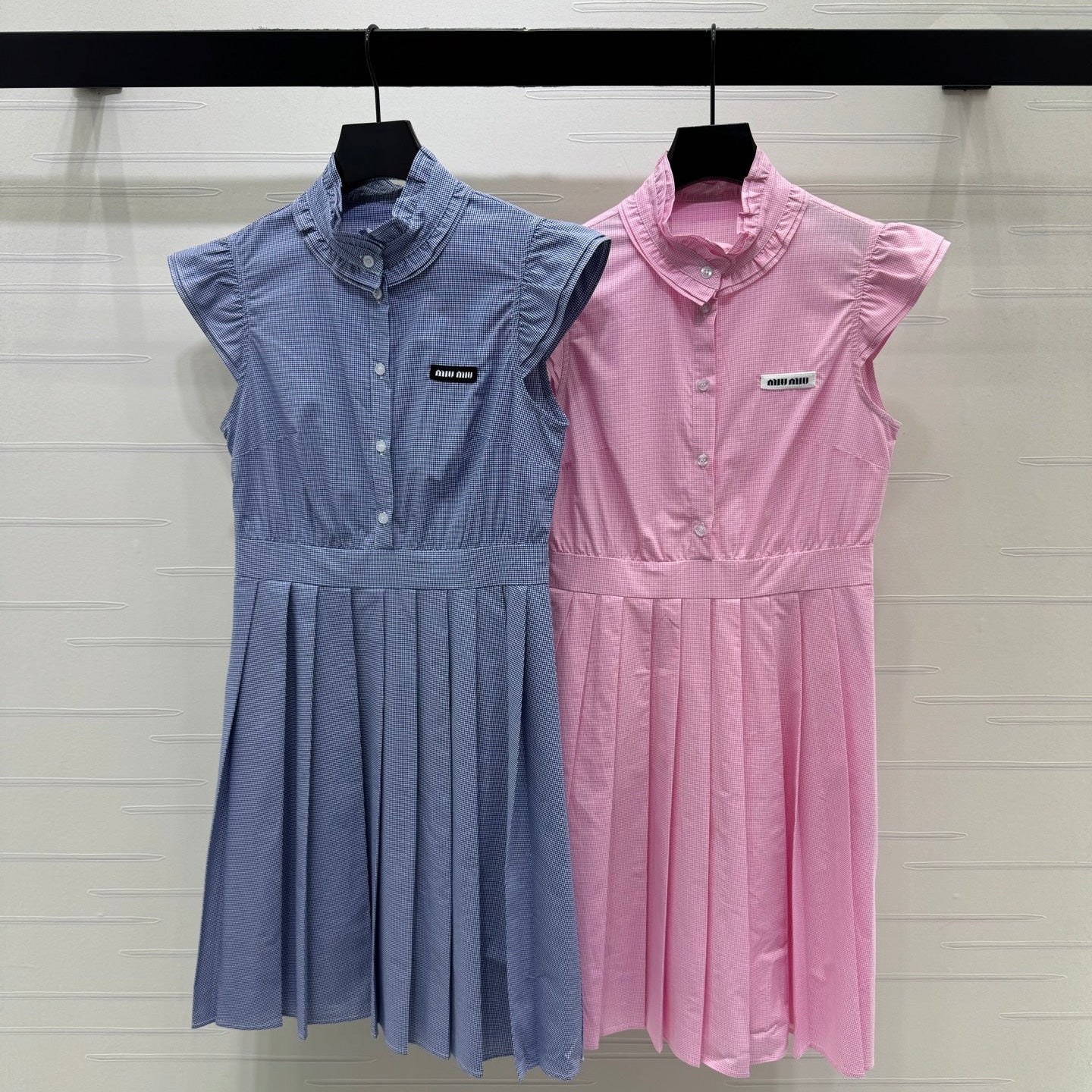 Miumiu 2026 Plaid Pleated Dress With Short Flutter Sleeves Cotton 475306