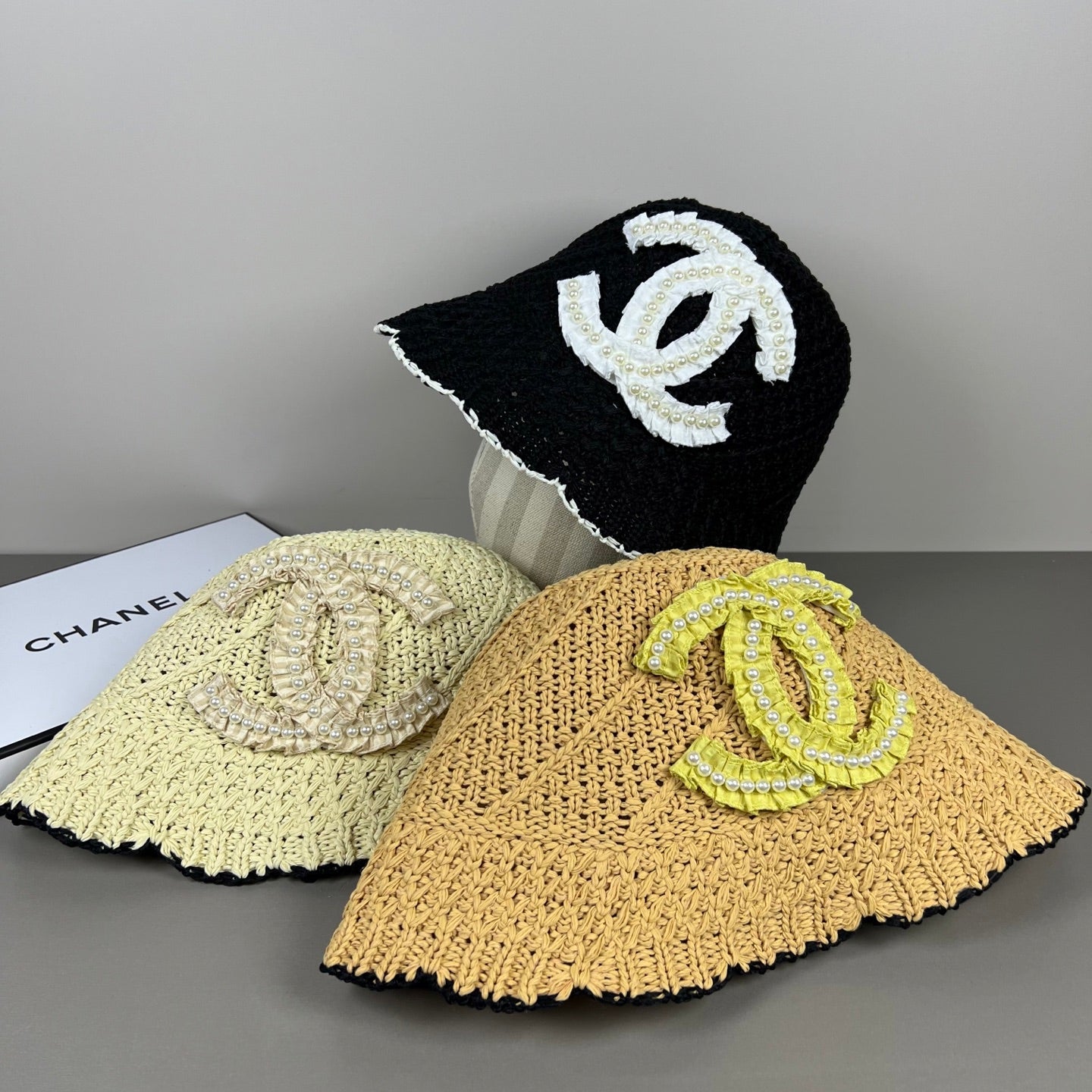 Chanel Knitted Lace Bucket Hat Wool With CC Logo And Pearls 237350