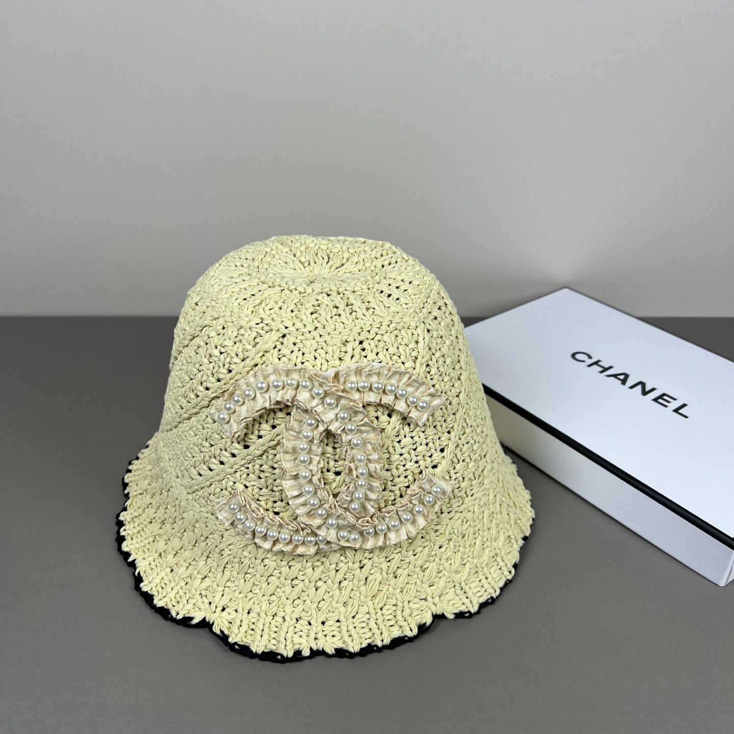 Chanel Knitted Lace Bucket Hat Wool With CC Logo And Pearls 237350