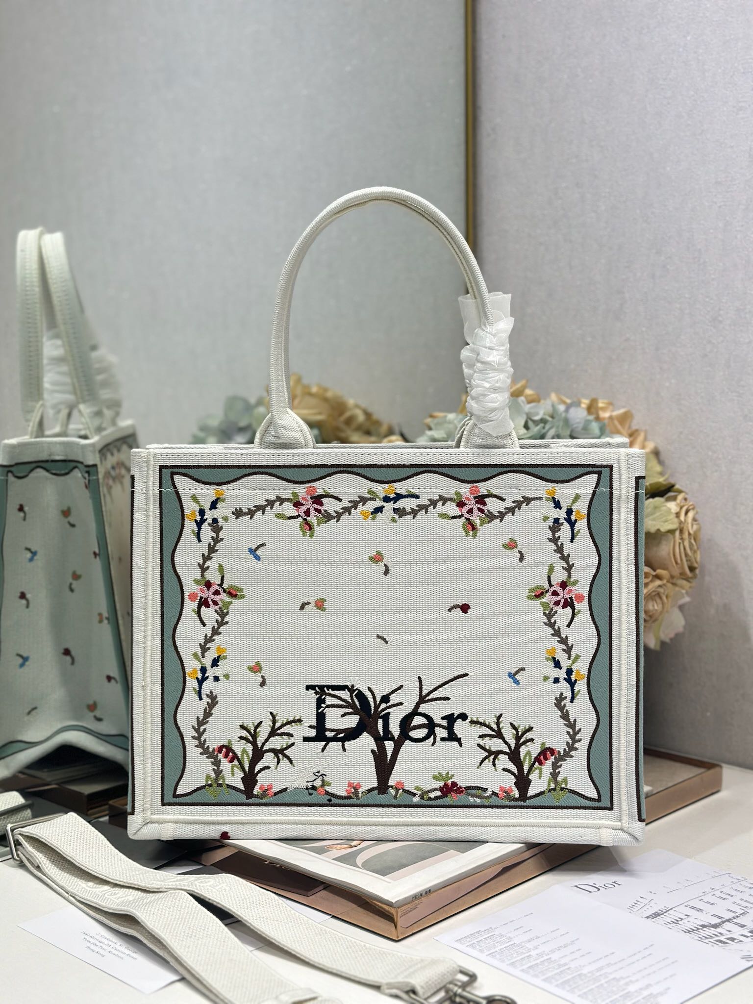 Dior 2026 Book Tote Bag With Multicolored White Revolution Flowers Embroidery Canvas