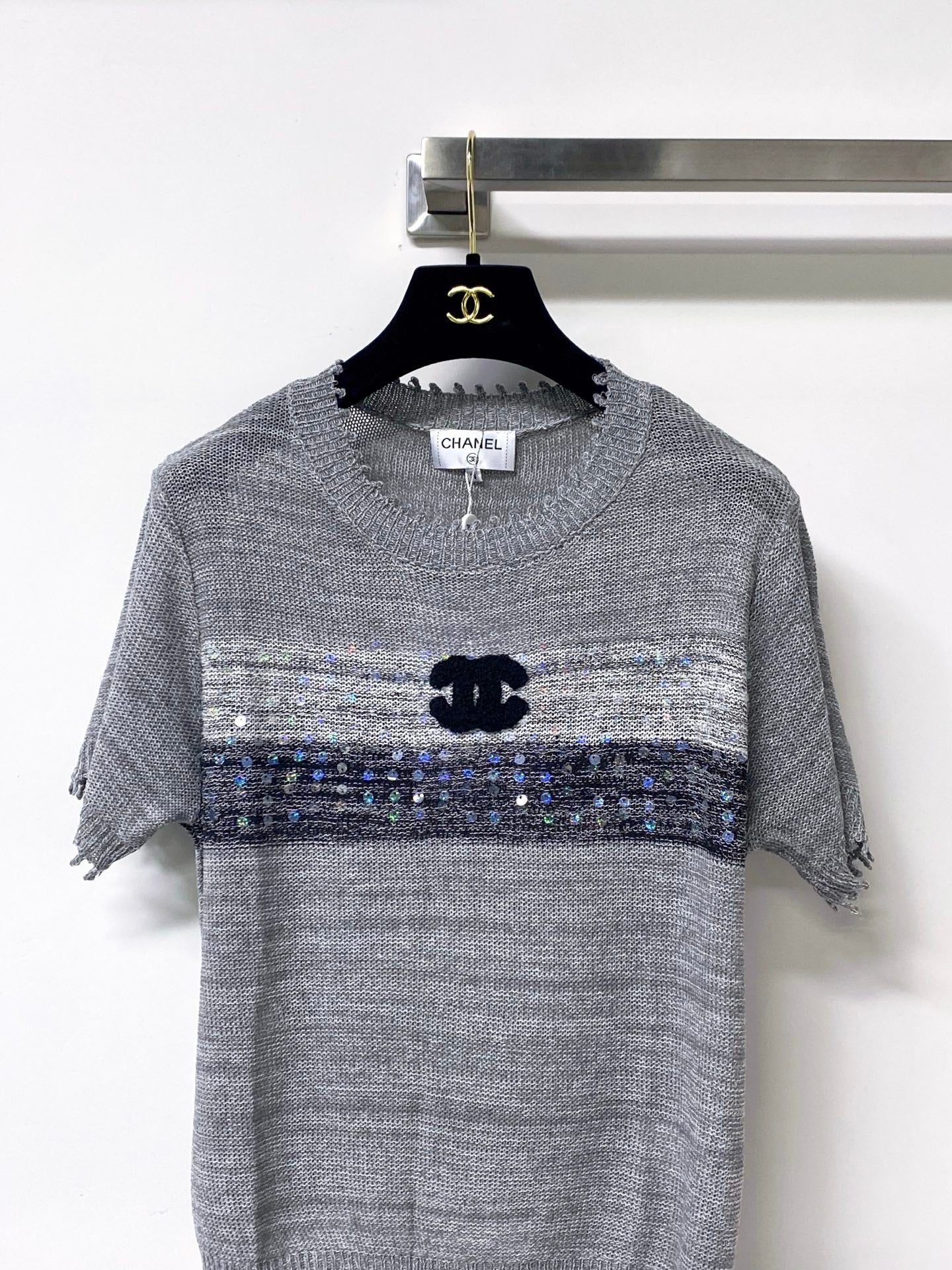 Chanel 2026 Short-sleeved Shirt Grey White Tencel Wool 295276