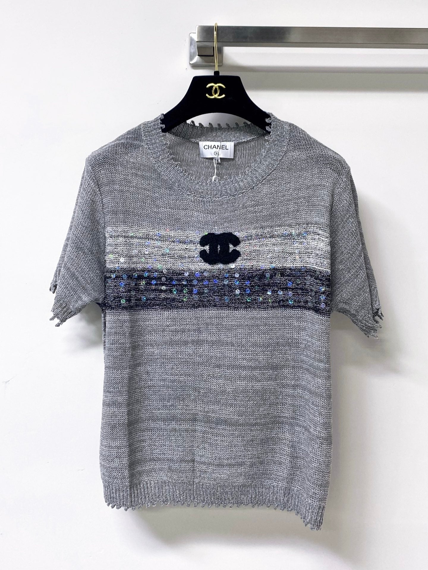 Chanel 2026 Short-sleeved Shirt Grey White Tencel Wool 295276