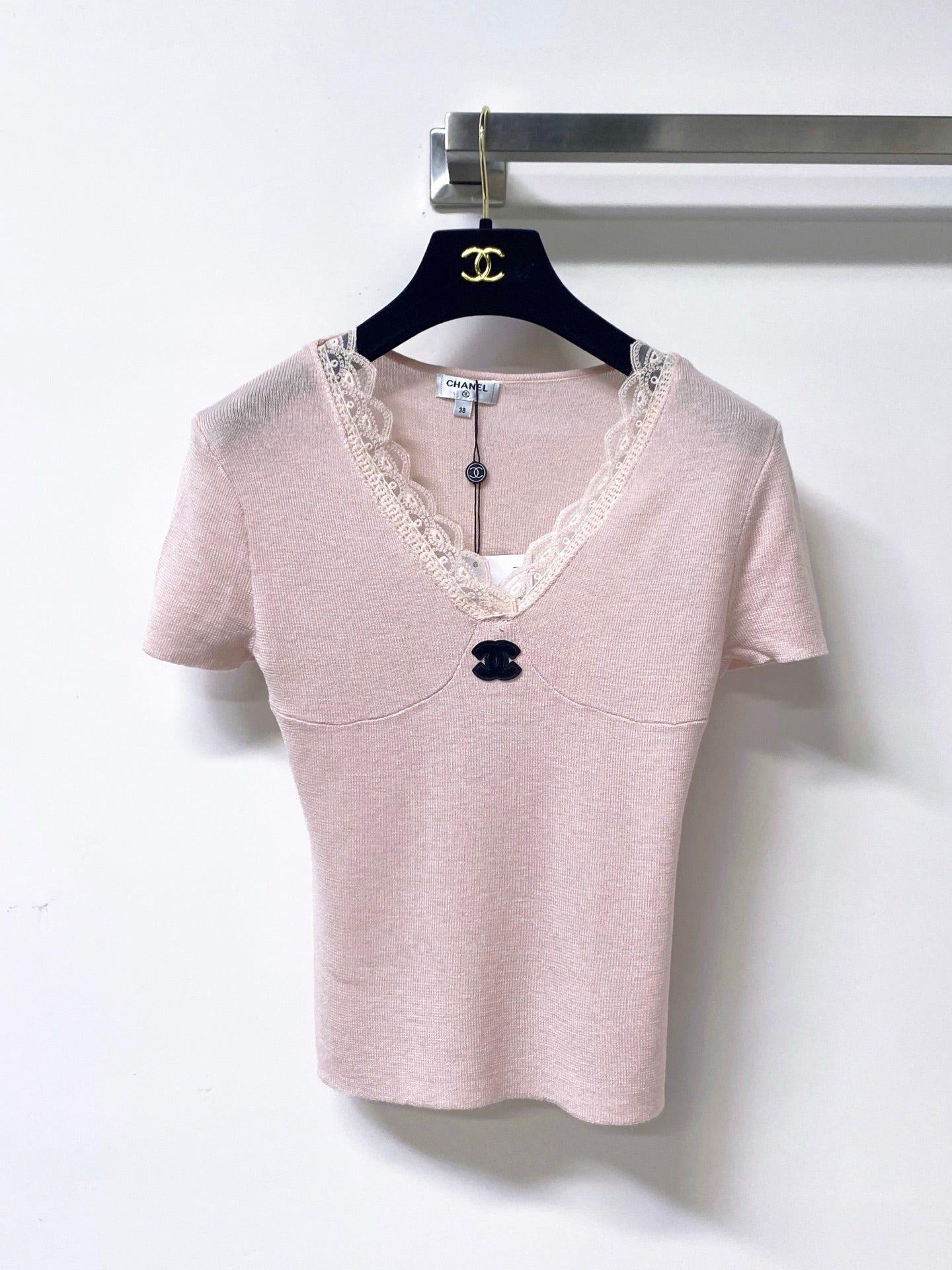 Chanel 2026 Lace V-neck Shirt Blue Pink Wool Cashmere 295236